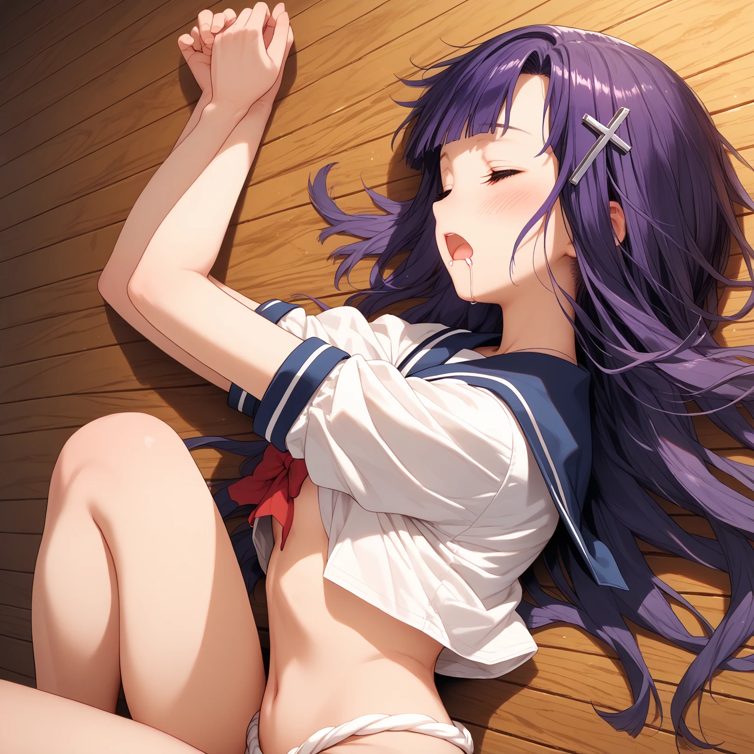 unparalleled masterpiece, 8k, high quality,perfect artwork, outdoor, 1girl,18yo,muscular female, kanu unchou,fingerless gloves, midriff, loose socks, no skirt, yellow neckerchief, earrings, loafers, low-tied long hair, hair over one eye, clean, beautiful face, pure face, pale skin, shiny hair, colored inner hair, detail hair, Long eyelashes, braid, (finely detailed beautiful eyes and face), hyper extreme detailed, stunning lighting effects, (sexy pose:1.2),large breasts,erected nipples,cleavage,navel,underboob,(micro panties,cameltoe:1.2),(see through white shirt:1.3),(red blush,embarrassment:1.2),sitting,(sweat:1.2),(from below,looking down,spread legs:1.2)