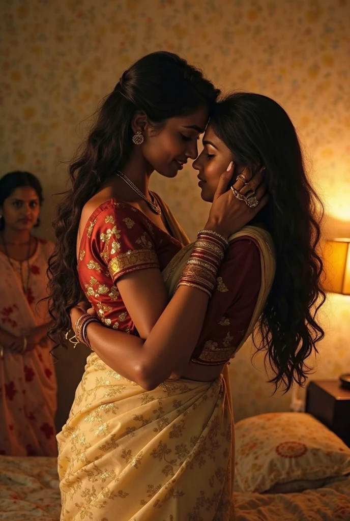 indian wife her husband and her sister are having a secret erotic sexual affair in their home. they sitting on the couch, discreet threesome. wife is wearing a sheer transparent sari, sister is wearing a floral front open shirt. man is wearing a shirt. they hug each other and touch the breast
