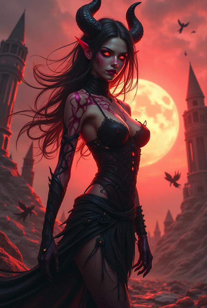 An image of an angry woman, holding a flaming torch, screaming, background is dark sky with flames and smoke, mood is devastating, destructive, corrupting, deleterious, night time light, full figure, digital art, hyper realistic, 8k, unreal engine, character design, art by Peter Paul Rubens, Anne Stokes, Blaz Porenta, Zdzislaw Beksinski, Marc Simonetti, Gerald Brom.