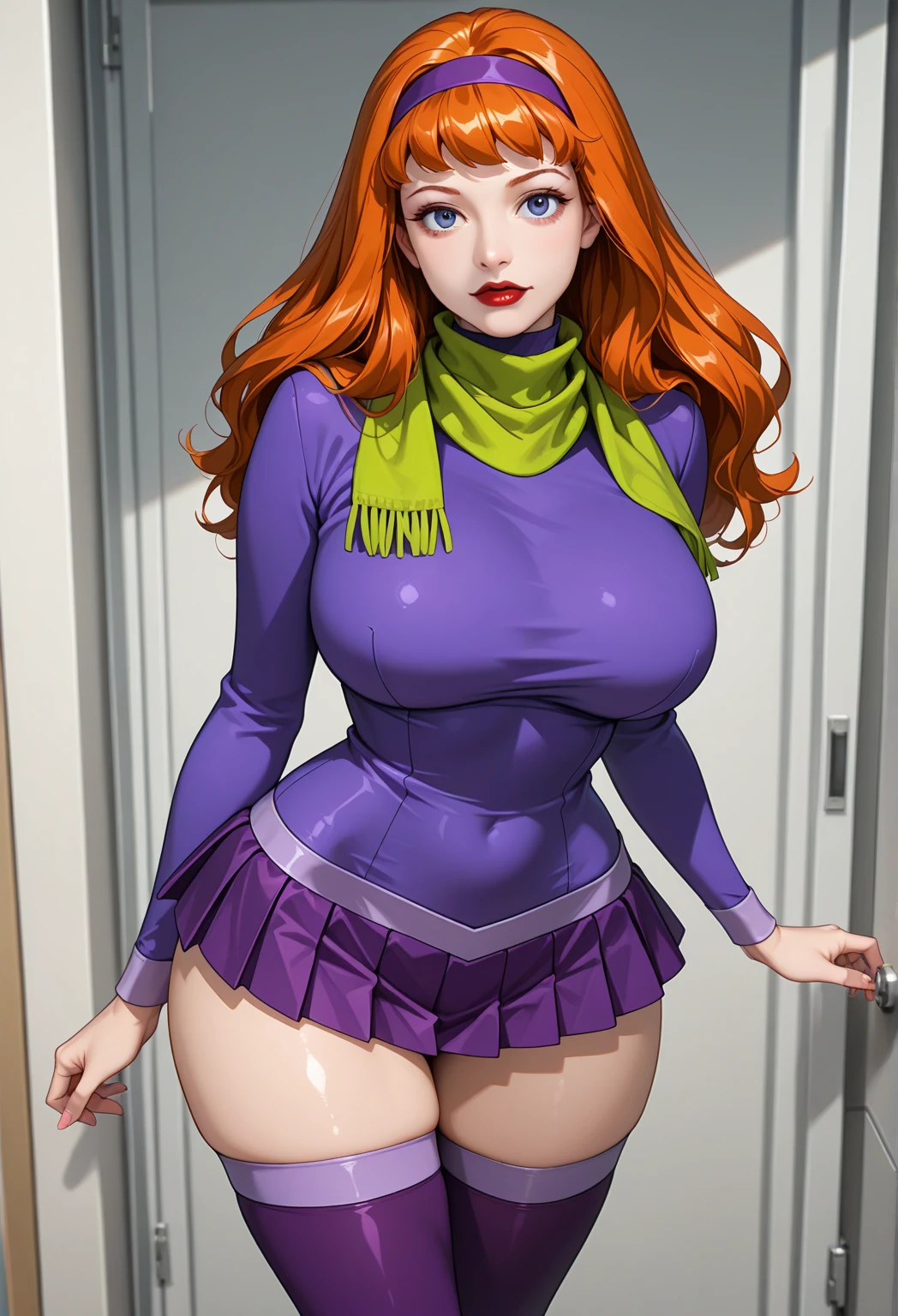 1 woman, extremely beautiful and very legitimate redhead with purple headband. ((bathroom background)), big hips, mature woman, cellphonepose, holding phone, hourglass body, big bright purple eyes, wearing a white tshirt and a purple panty, purple thong, White tshirt. phone in one hand. thick thighs, saggy breasts, (green scarf), symmetrical body, sensualizing, pouting with orgasmic expression, highly arousing, high quality, UHD, cinematic, dynamic close-up above.