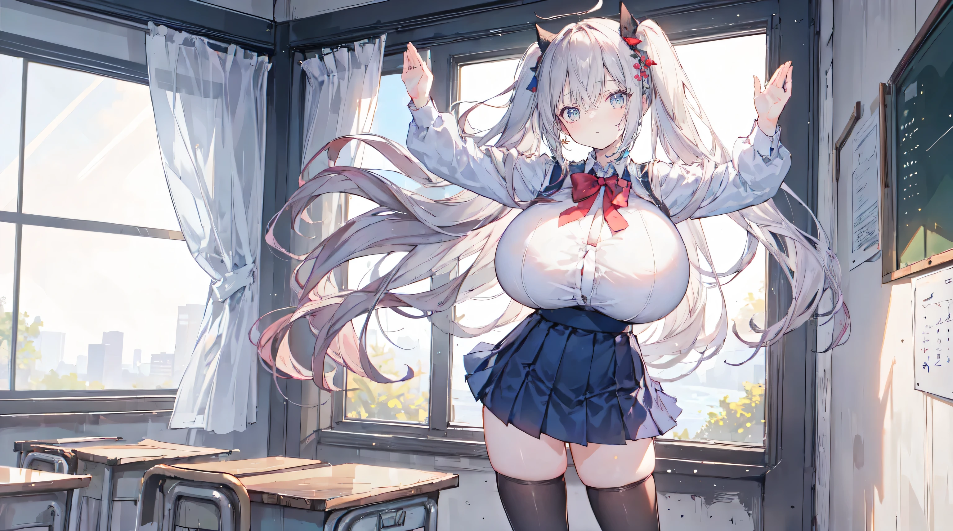 ((gigantic breast))),(miniskirt),(school uniform),(standing),((very young girl)),raise both arms,,side viewstanding,naked,Classroom View ,beautiful eyes,beautiful eyes,detailed face, 8k resolution,HD,beautiful illustration,ultra quality,twin tails,