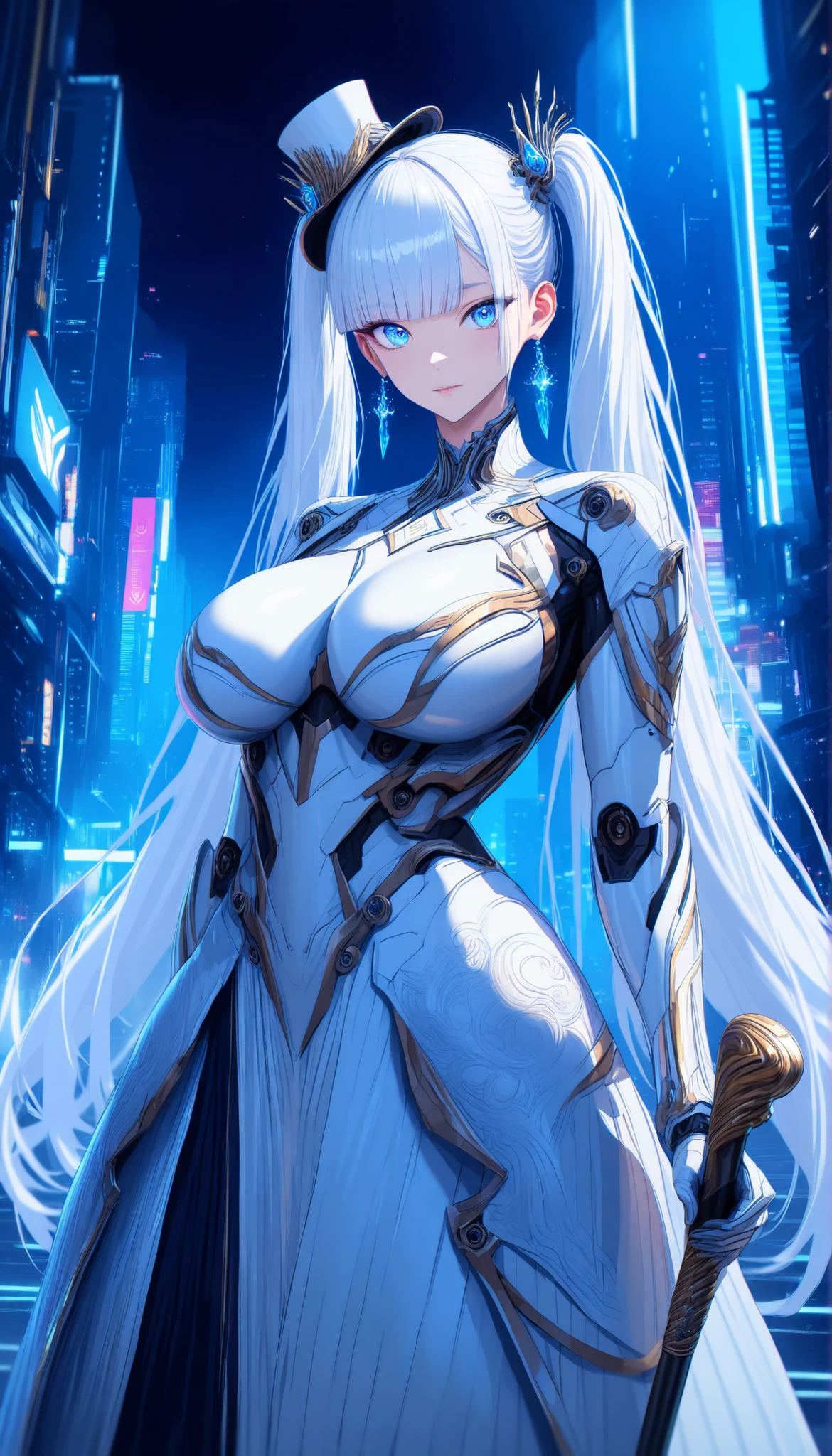 SOLO,Cyberpunk city background, A female with perfect robot body,oppai,Wearing White biological armor,(White Princess dress long hem), (white hair, twintails, blunt bangs),White Mini top hat, Crazy blue eyes, Crystal earrings,white openwork mask, social media composition,(Holding A white Short Cane),UHD, anatomically correct, masterpiece, textured skin, high details, highres, 1080P, 16k, accurate, Beautiful face, Perfect face, Highly detailed beautiful face and eyes, Attractive face, Detailed face, Delicate facial features, Detailed skin,Cowboy shot,Look at the viewer,(((hbig bosom)))