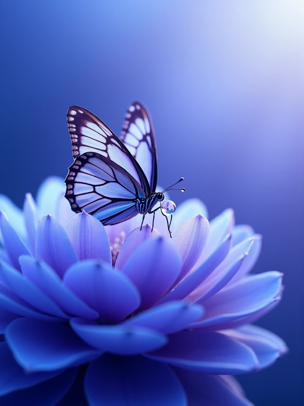 A delicate and enchanting close-up of a butterfly resting gently on the soft petals of a lavender-blue flower, set against a dreamy, ethereal blue background. The butterfly’s wings are intricately patterned with contrasting hues—deep charcoal black veins stretch across its translucent wings, which are tinged with soft violet and white accents. The tips of its wings feature subtle lavender highlights, blending harmoniously with the floral surface beneath it. The butterfly’s legs are barely visible as they make contact with a fragile petal, its posture elegant and still, as though frozen in a moment of perfect serenity.

Nestled next to the butterfly is a crystal-clear droplet of water, perfectly spherical, reflecting the surrounding colors like a tiny prism. The droplet appears to balance effortlessly on the petal's surface, catching light in a way that makes it shimmer with a gentle radiance. The flower itself is composed of soft, velvety petals in layers, with smooth textures that gently curve and taper to rounded edges. Each petal is bathed in a gradient of purples and cool blues, with the lighting creating a luminous glow that feels both calming and surreal.

The background is a smooth blur of rich ultramarine, periwinkle, and cerulean, with bokeh effects that suggest a soft, out-of-focus garden or forest bathed in diffused daylight. The contrast between the sharp detail of the butterfly and the soft, dreamy environment creates a striking focal point, directing attention to the fragility and beauty of the moment. Light reflects subtly on the edges of the petals and the delicate contours of the butterfly’s wings, giving the entire scene a magical, almost otherworldly ambiance.

No harsh lines or shadows disturb the tranquility of the composition. Every element—color, texture, form—is arranged to convey peaceful stillness and the fragile elegance of nature. The art style is hyper-realistic with a slight painterly touch, focusing on softness, shallow depth of field,