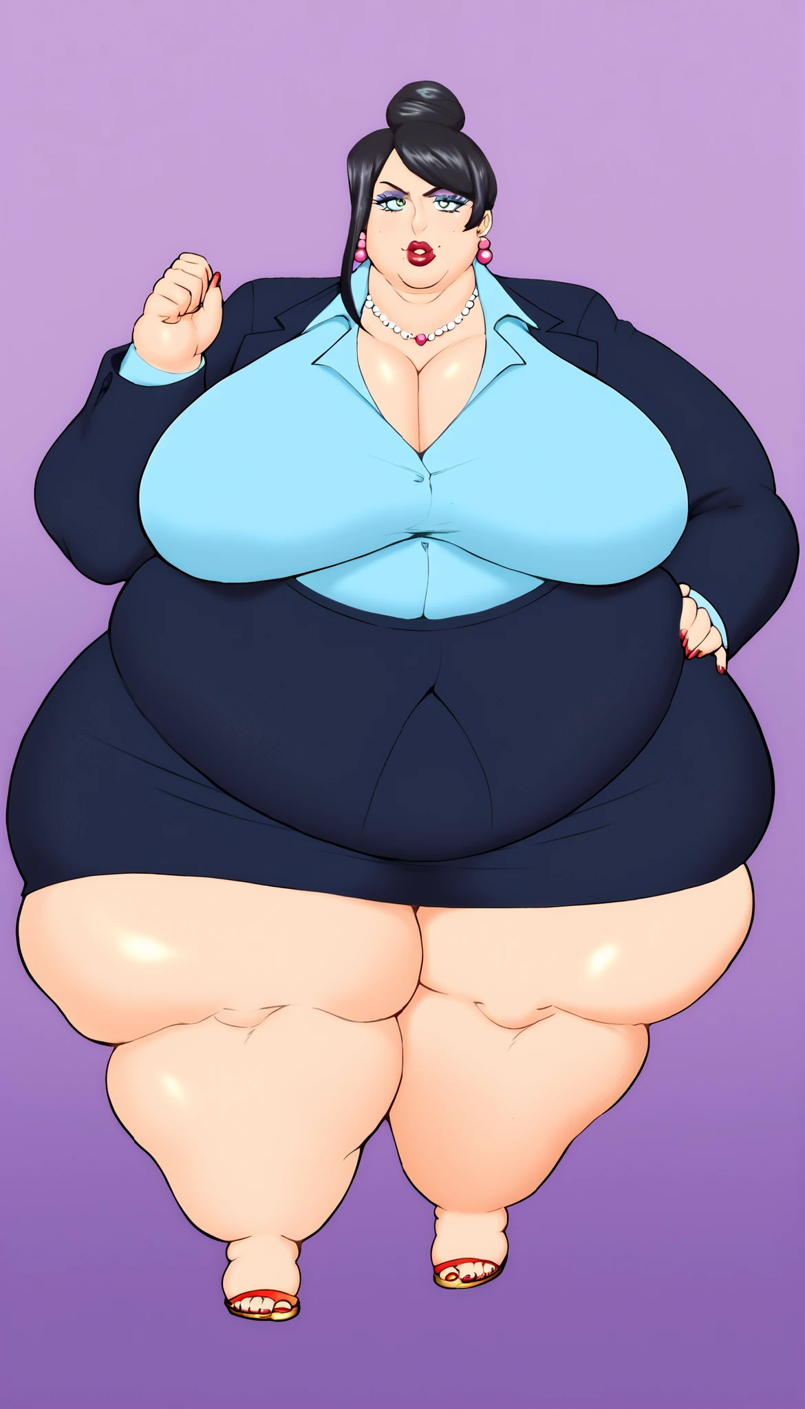 Anime Women, Lady、amount、Long braids down to the waist、Purple Hair、Glasses、Sharp eyes、Purple lips、Cobalt blue body、Cobalt blue skin、Are fat、Chubby、Sensual、obesity、Double chin、Fatty neck、Big Breasts、Saggy breasts、Thick upper arms、Thick arms、thick fingers、Fat belly、Flabby belly、Thick legs、Big Ass、trench coat、Sweaty、Embarrassing、Model standing