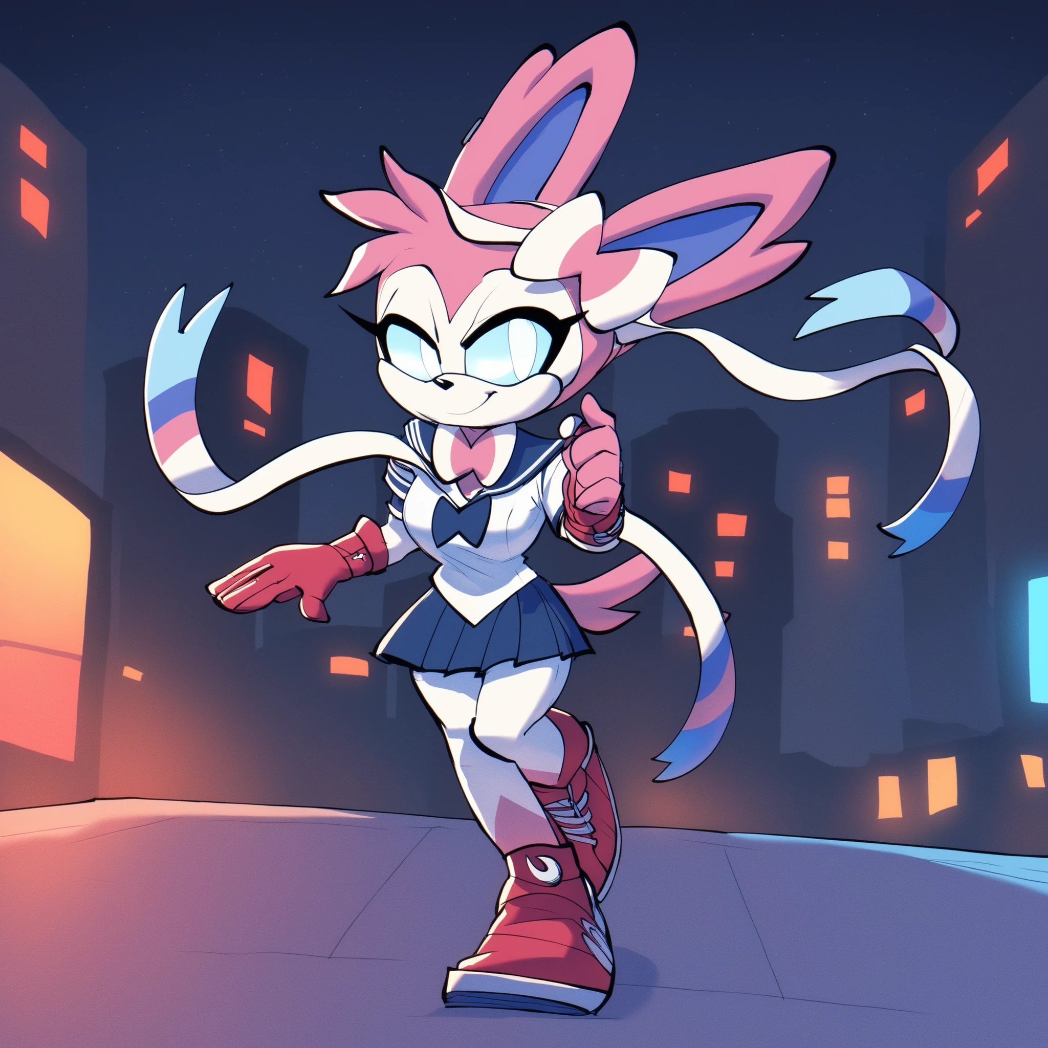 Sylveon, bigdad/character, (Mobian), white fur, light blue eyes, female, white muzzle, sailor scout outfit, (short hair), hair bangs, sylveon tail, smile, slim, young adult, medium breasts, solo, cheerful pose, outdoors, city, night, city lights, Sonic OC