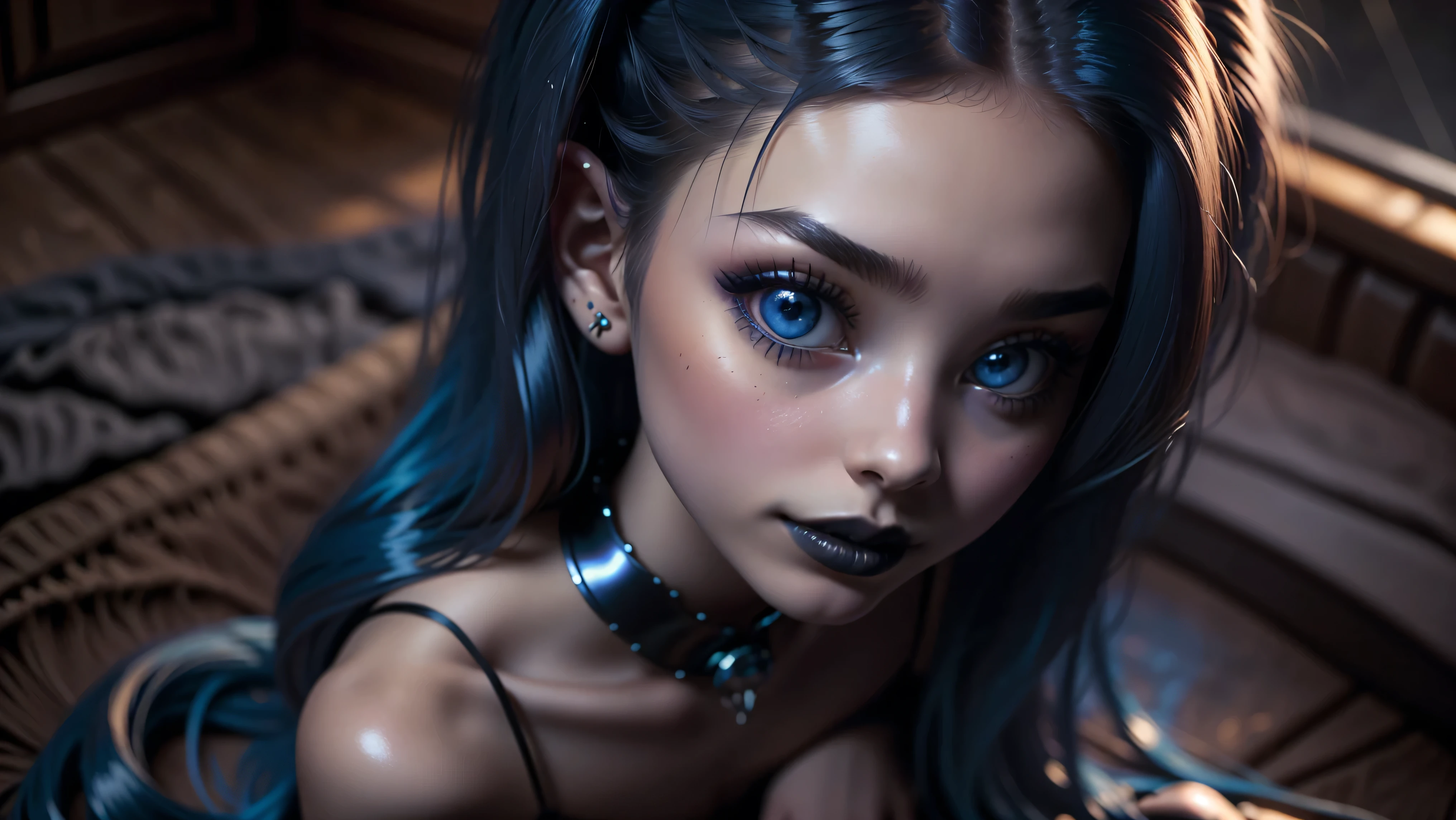 POV, ((looking down at one goth girl looking up at me)), ((kneeling in-between my legs as I sit on a bed)), ((looking up into your eyes)), ((shiny wet lips)), ((pierced lip)), prostitute, nude except for an see-through baby-doll lingerie, ((dark makeup, black lips)), ((light brown nipples)), sydney sweeney, dark tan, smiling, skinny, petite, 18 years old, long blue hair and large eyes, ribbons in her hair, female model, 1, portrait sophie mudd, young, (sideboob), (hard nipples), alexa grace, hannah yata charlie immer, long blue hair and big eyes, dasha taran, full body shot, perfect ass, ((dark mansion very old background)).
