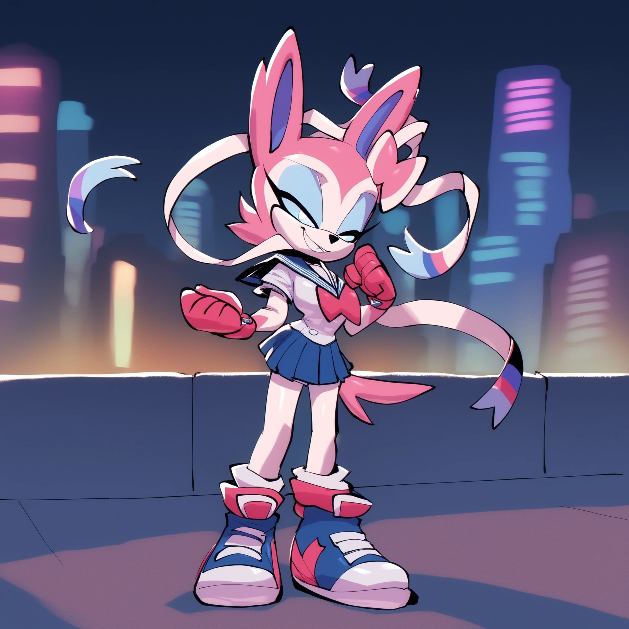 Sylveon, bigdad/character, (Mobian), white fur, light blue eyes, female, white muzzle, sailor scout outfit, (short hair), hair bangs, sylveon tail, smile, slim, young adult, medium breasts, solo, cheerful pose, outdoors, city, night, city lights, Sonic OC
