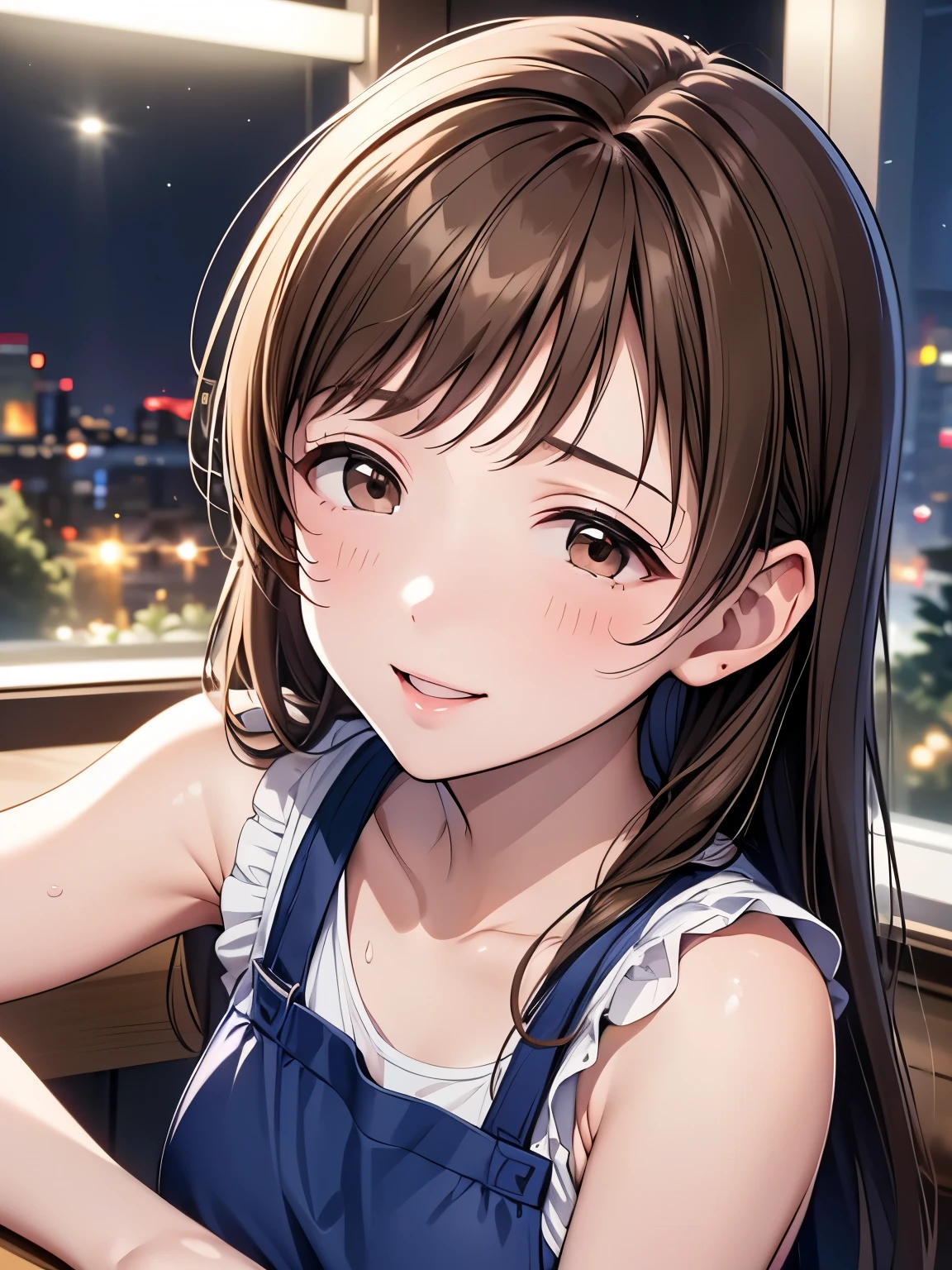 sleeveless,armpits,wet skin in the city at night,top quality、high resolution、HD、high resolution、 sports gym、(Nitta Minami、long hair、medium chest、brown hair、brown eyes in the oral vagina、glossy lips by max、growing skin wearing supreme、REALISTIC SKIN TEXTURE、 checked apron、kitchen)、is staring at me、 Love Me、、opens her mouth and laughs)、( Drawing only the upper body 、Very close)
