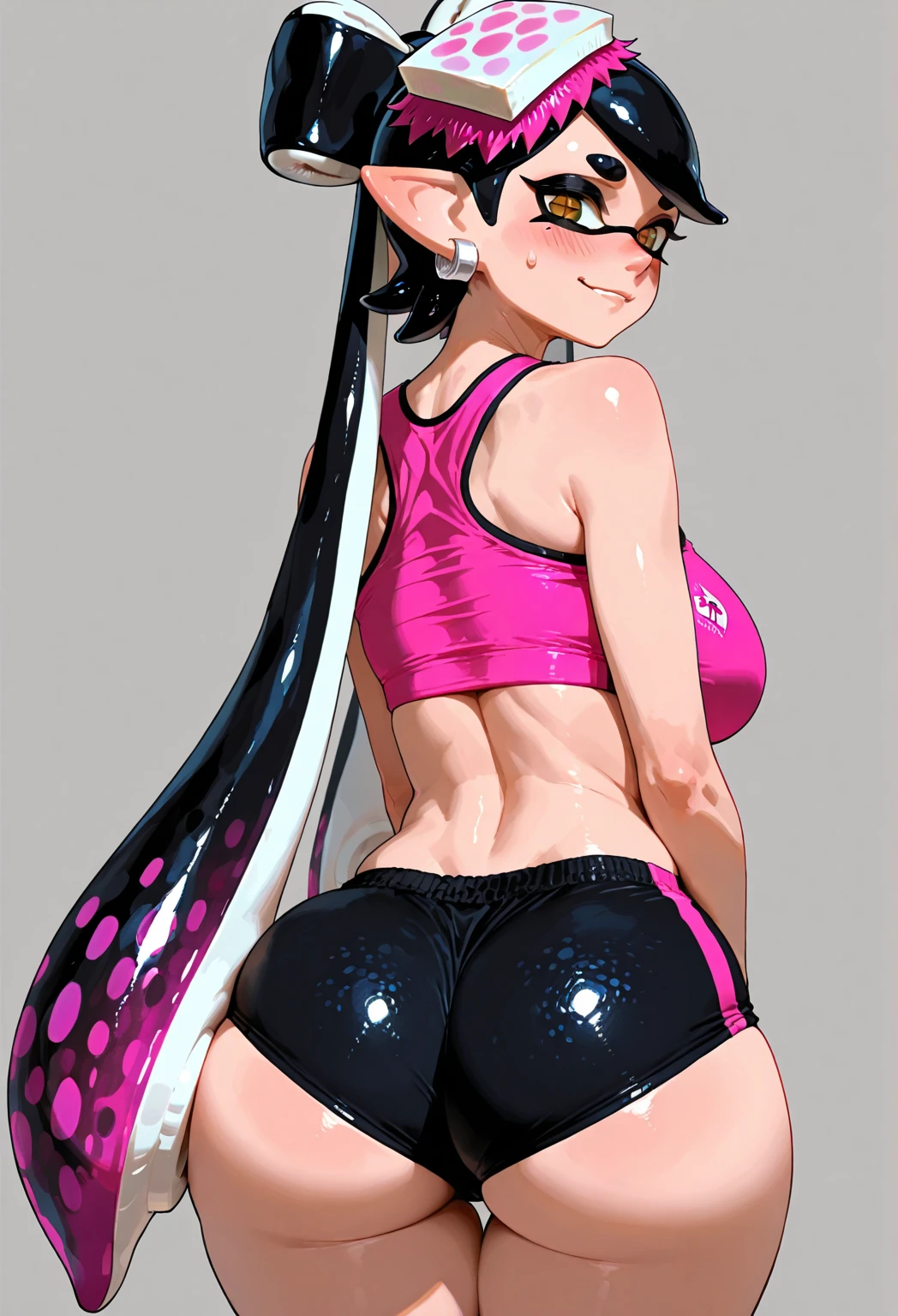((young girl ,sex,short stature,gyaru)) ,flat chest,black hair, twintail ,,nsfw,heavyset,looking at viewer.pink leopard print swimsuits, at midnight,out the ass,side angle shot,ahegao