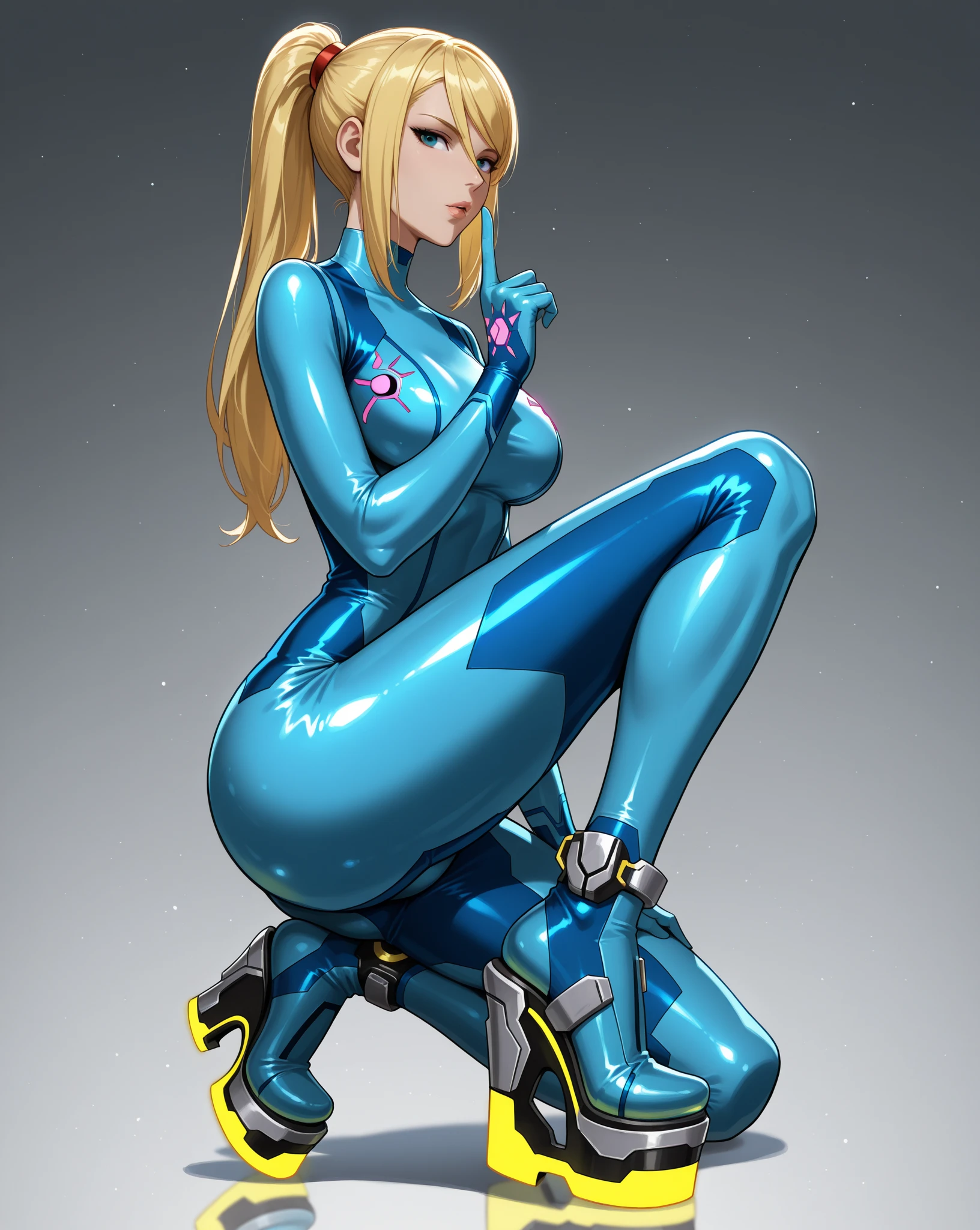 Zero suit samus, blue eyes, stunning proportions, white background, long hair, ponytail, extremely detailed, shiny, full body shot, sleeveless, begging, pov, thighhighs, sweating, wet, blush, (((cum))), panties, detailed vagina, ass, spread legs