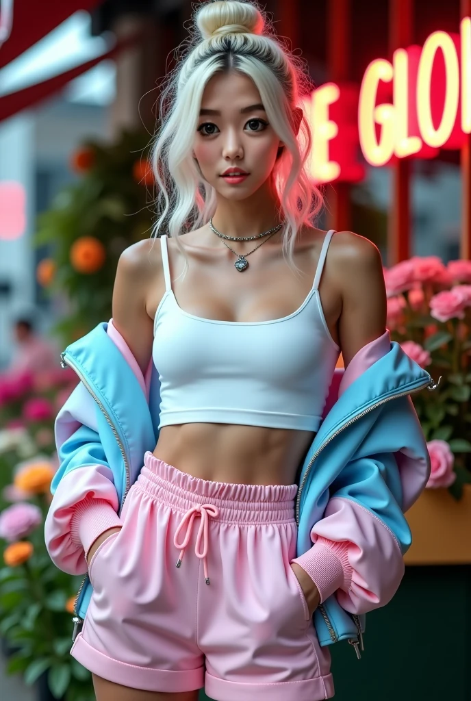 beautiful thai hooker ,loose top, (blonde hair ),straight hair , bangkok, , tuk tuk, dark clouds, wet ground,((dark yellow top)) , ,low contrast,tanktop, ,denim mini skirt,very skinny, slim girl, ponytails, hair tied back,,wide open, breasts out, , tattoos,full arm tattoo,walking , alley, open bars, street food, medium breasts, jewellery, detailed face, exclusive clothing,,,high heels