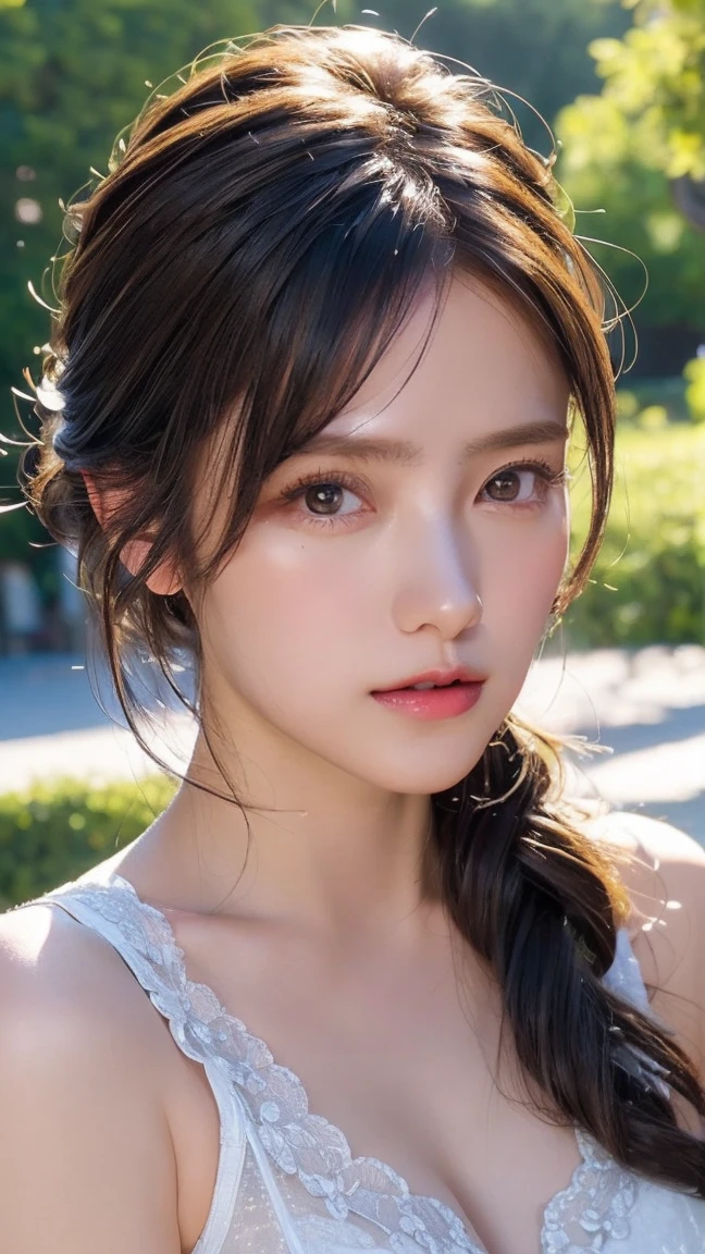 In detail, High resolution, high quality、Perfect dynamic composition, Beautiful fine details, Medium Hair, Natural color lip、20 years girl、girl,1 person、Clear Skin、Shiny Hair、Tabletop, 最high quality, figure, Very detailed, In detail, High resolution, 8k、The correct state of the human body、Randomly cute poses,ponytail,Beautiful feet,Perfect beautiful face,KPOP idol faces,Ecstatic face,(Super cute idol-like face:1.2),Sexy dress,Dress up as a model for a women's fashion magazine