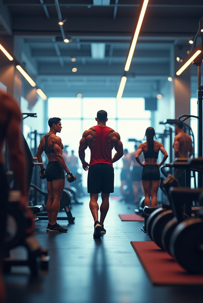 People training in the gym, golden hues