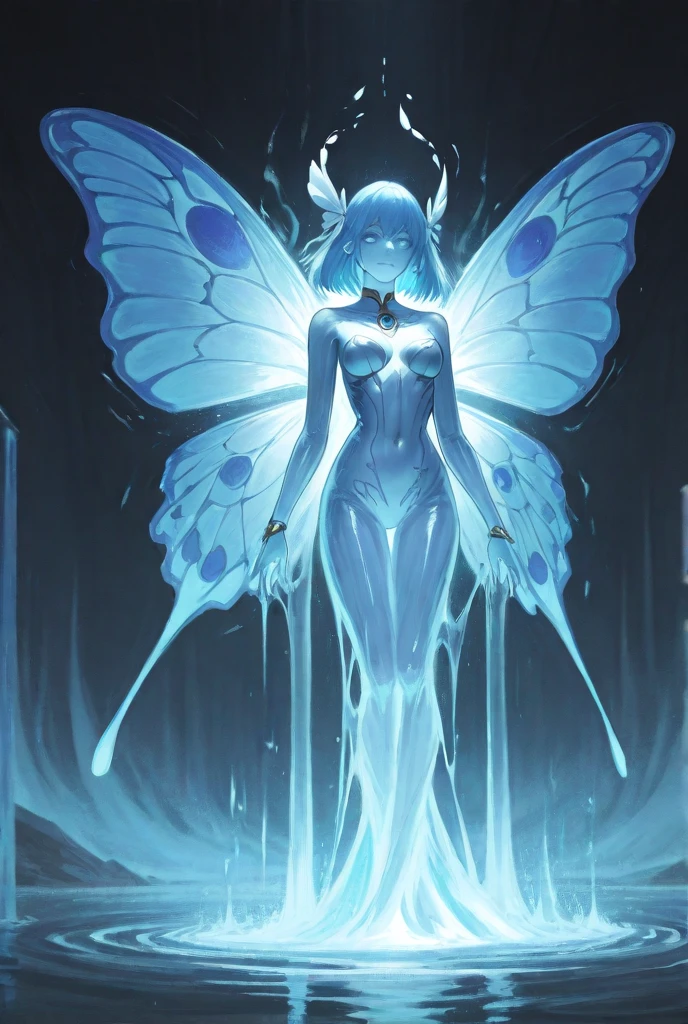 Ultra detailed illustration of a spirit, figure, ((ghostly)) (((translucent:1.5))), (((translucent creature:1.5))), art by Mschiffer, neon lights, light particles, colorful, colors cmyk, strong backlight, rear lights, forest in the background