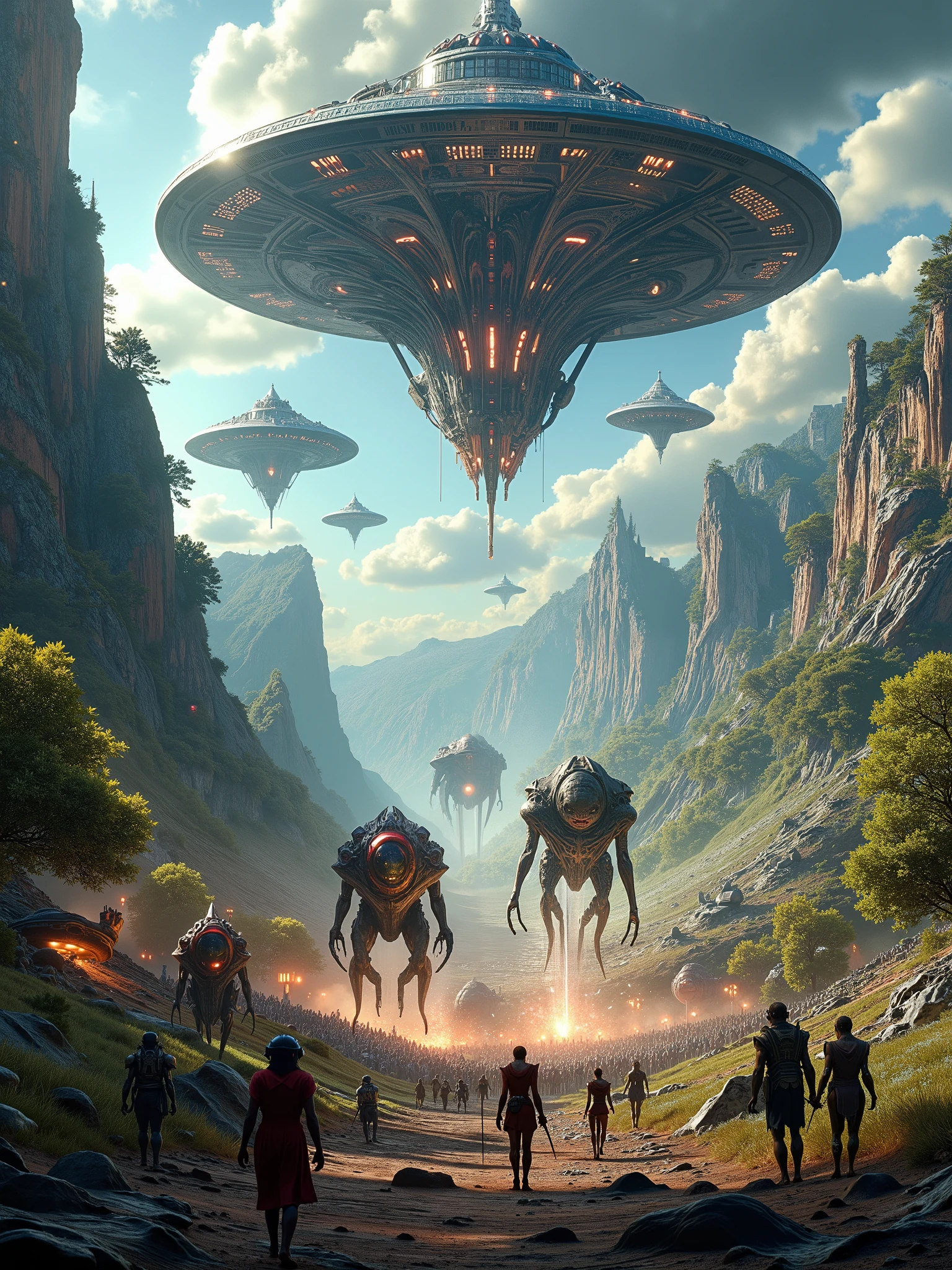 aliens coming out of portals and invading a medieval fantasy RPG world, alien invasion
into an RPG world with firearms in hand and war tanks and flying saucers, giant quadruple airships