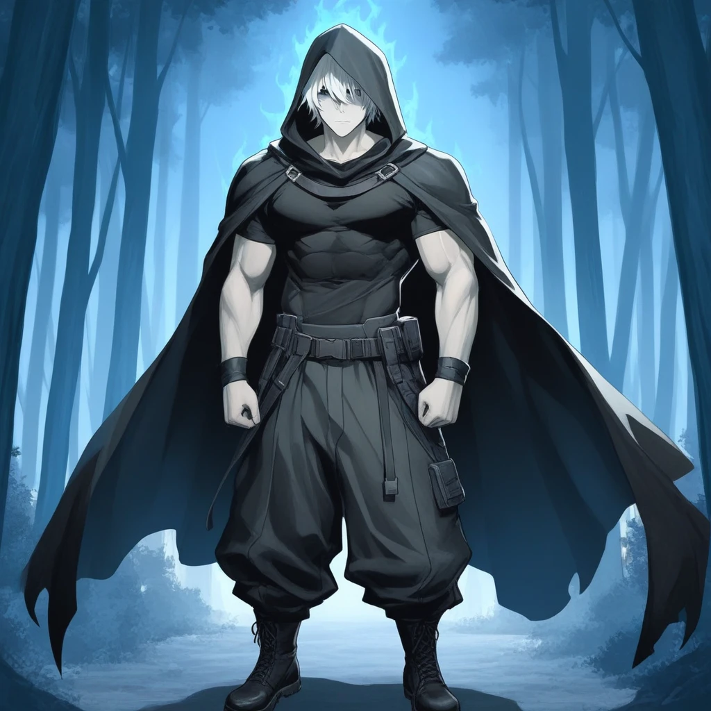 deathwolf (puss in boots, the last wish), anthro with white fur, shirtless, black nipples, tight shorts, black shorts, golden-eyes, full body, proportional limbs, proportional hands, 5 fingers, proportional paws, 4 toes, black pawpads, black claws, proportional claws, at forest, at night, petals falling, (best quality, 4k, 8k, highres, masterpiece:1.2), ultra-detailed, HDR, UHD, sharp focus, professional, vivid colors