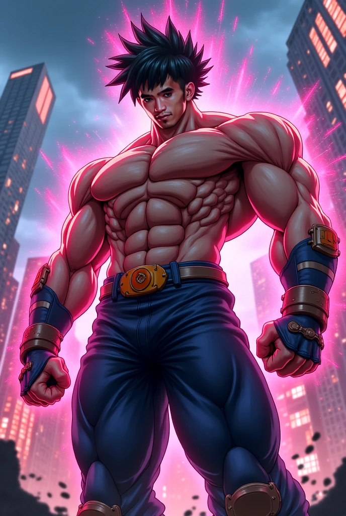 goku male muscled white thong showing his bulge, background a neon city in the night