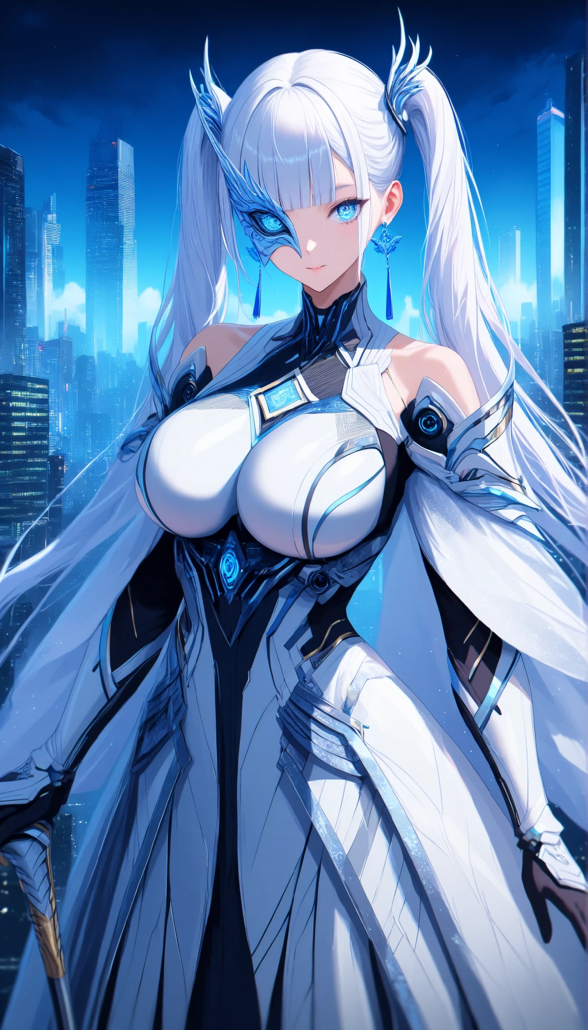 SOLO,Cyberpunk city background, A female with perfect robot body,oppai,Wearing White biological armor,(White Princess dress long hem), (white hair, twintails, blunt bangs),White Mini top hat, Crazy blue eyes, Crystal earrings,((White half-face openwork mask)), social media composition,(Holding A white Short Cane),UHD, anatomically correct, masterpiece, textured skin, high details, highres, 1080P, 16k, accurate, Beautiful face, Perfect face, Highly detailed beautiful face and eyes, Attractive face, Detailed face, Delicate facial features, Detailed skin,Cowboy shot,Look at the viewer,(((hbig bosom)))
