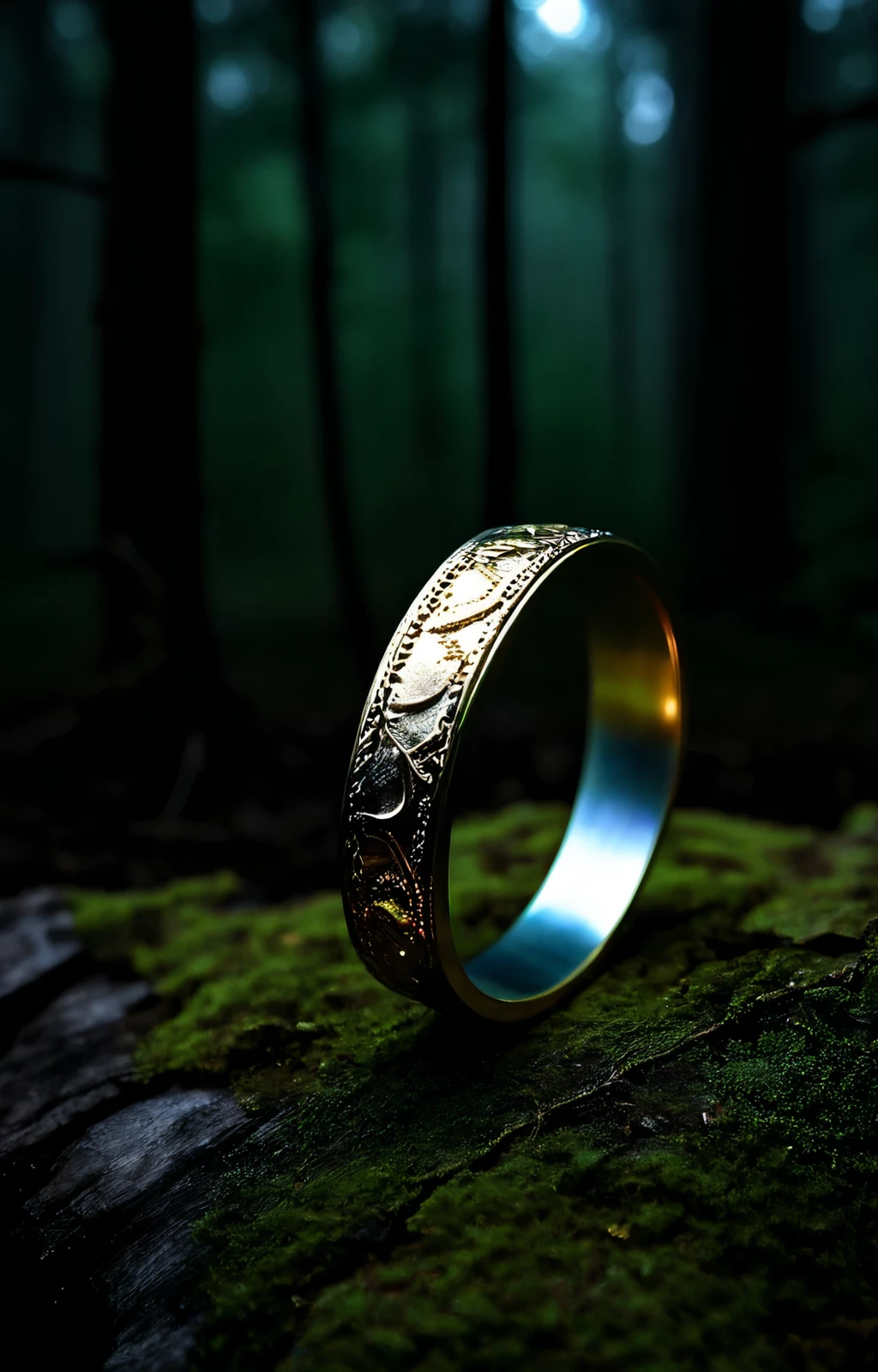1 anillo dorado sobre el suelo, 8K , realistic, seen from afar, luz de luna, at night, dark, darkness ,paleta de cold colors,(The best quality, high resolution jockstrap, realistic:1.37), ultra detailed, cold colors, mystery, horror, paleta de cold colors 1:1, Desaturated colors, Lush forest , mild underexposure, a single gold ring that is very worn and detailed, deteriorado, anillo viejo, correct ring circumference, a plain wedding ring, Oaks in the woods,