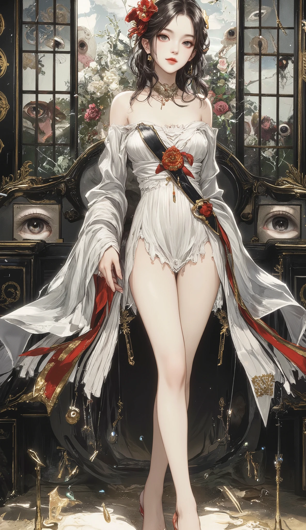 masterpiece, top quality, super res, perfect anatomy, female, The wall has ears、Shoji has eyes、 old style、Iconic、Beautiful striped pattern、dramatic, dynamic, absurd, metaphysics