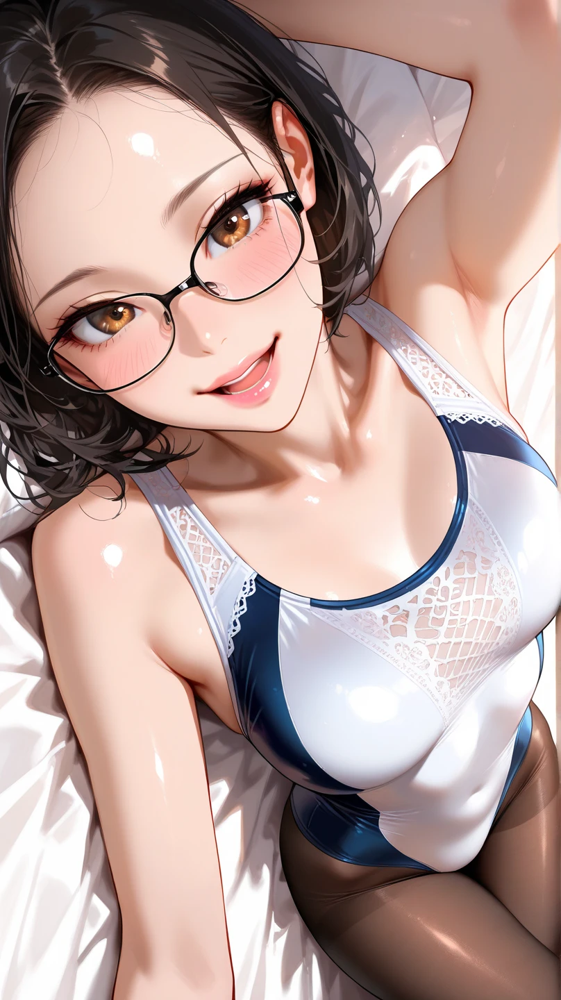 Adult female, highly detailed, glasses, short black hair tied back, blue eyes, smile, bedroom, sexy lingerie, non-nude, sfw, perfect eyes, high quality, nervous, sweaty, happy, blushing, laying on back