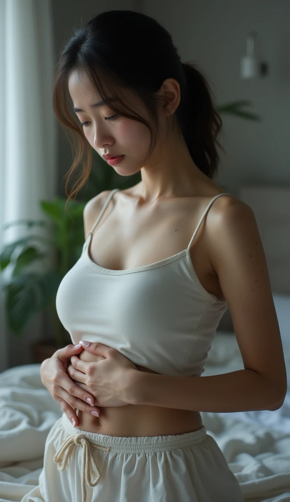 (8K、RAW photography、Highest quality、masterpiece:1.2)、(Realistic、Photorealistic:1.37)、Ultra-high resolution、One Girl、cute、solo, Browsing Caution,Highest quality,masterpiece,8K,Droopy eyes,Big Breasts,Beautiful breasts, Inside the room, Wet sports bra,Light pink sports bra set, Are standing, Place your arms behind your head, Highly detailed face, Highly detailed lips, Fine grain, double eyelid, Exquisite detail and subtle sparkle, Photograph her in poses that reflect both grace and confidence, Enhance visual effects with cinema lighting. Use modern 2D design for the background, Create beautiful, balanced compositions. Enhance the scene with elements such as depth of field, bloom effect, And a touch of sparkle, Add a dreamy texture to the overall image. Pay close attention to detail