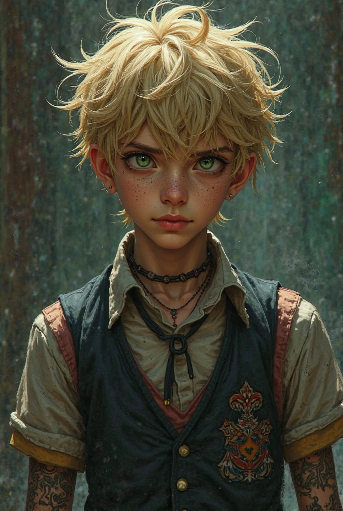 An 11-year-old slave boy in the 1500s, is portrayed with a look of anger and hatred towards society. He wears simple and torn clothes. your hair is blond , wavy and reaches the shoulders, falling out of alignment. one of the eyes is green and the other is brown. Your skin is pale and marked by scars, including a scar from a stab wound just below his left eye.The image captures the essence of her pain and resilience