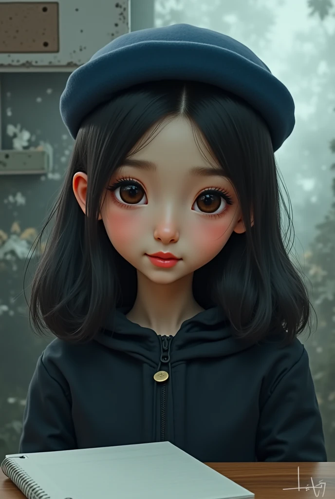  girl with straight black hair down to her chest without bangs, with brown eyes contact lenses, stomach 1,52 with burgundy and white school uniform, She has a Chilean proletariat cap which is set in the 50s.(only the hat)of a faded light brown color