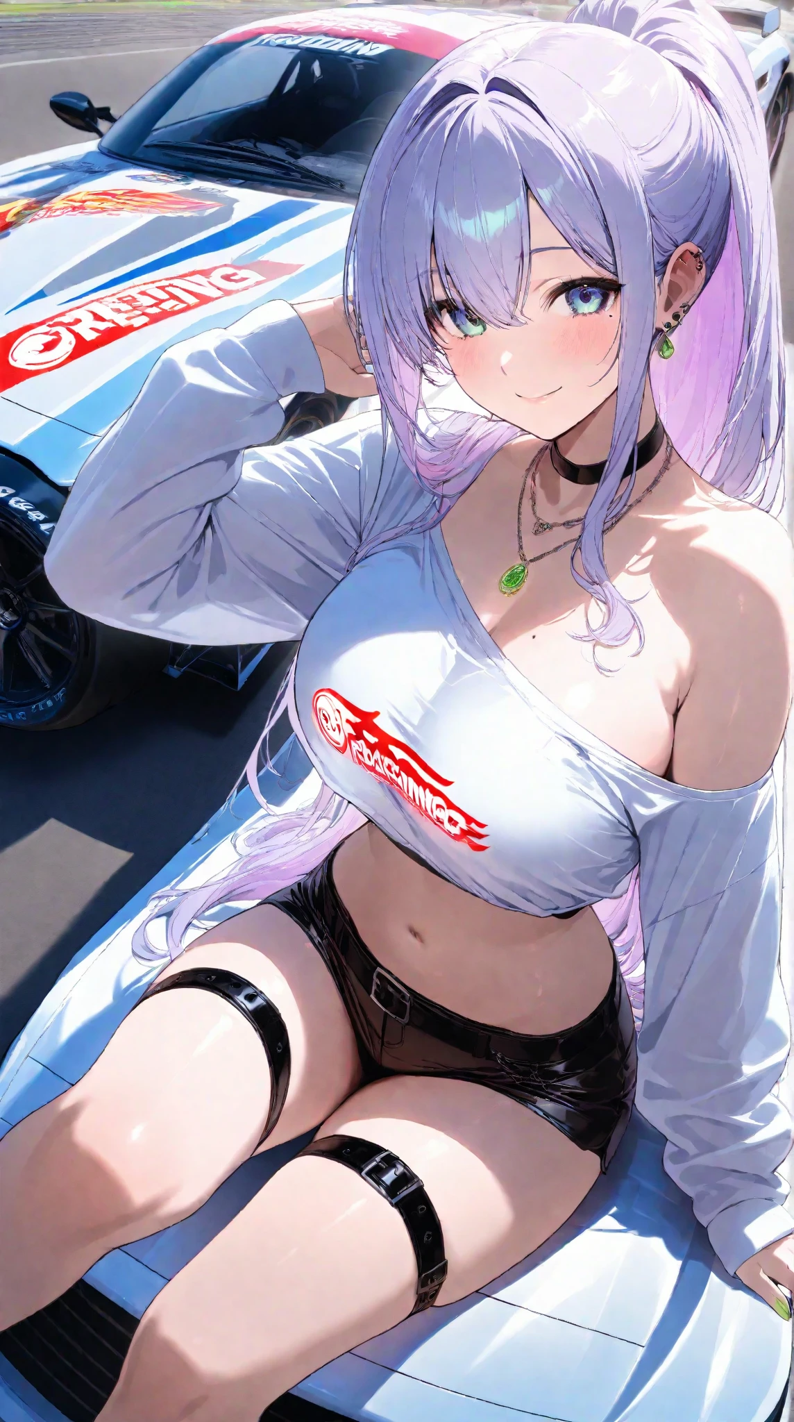 masterpiece, best quality,
1girl, solo,
<lora:chara_Kaguya-samaWaKokurasetai_FujiwaraChika_v1:0.8> fujiwara chika (kaguya-sama), fujiwara chika, (blue eyes:1.2), pink hair, long hair, hime cut, blunt bangs, blunt ends, sidelocks, hair bow, black bow, large breasts,
outdoors, racing, motor vehicle, tire, confetti, revealing clothes, race queen, shiny clothes, jacket, cropped jacket, short sleeves, clothes writing, latex, latex bikini, latex shorts, shiny skin,
sitting, looking at viewer, collarbone, cleavage, navel,
blush, smile, ;d, open mouth, one eye closed,
curvy,