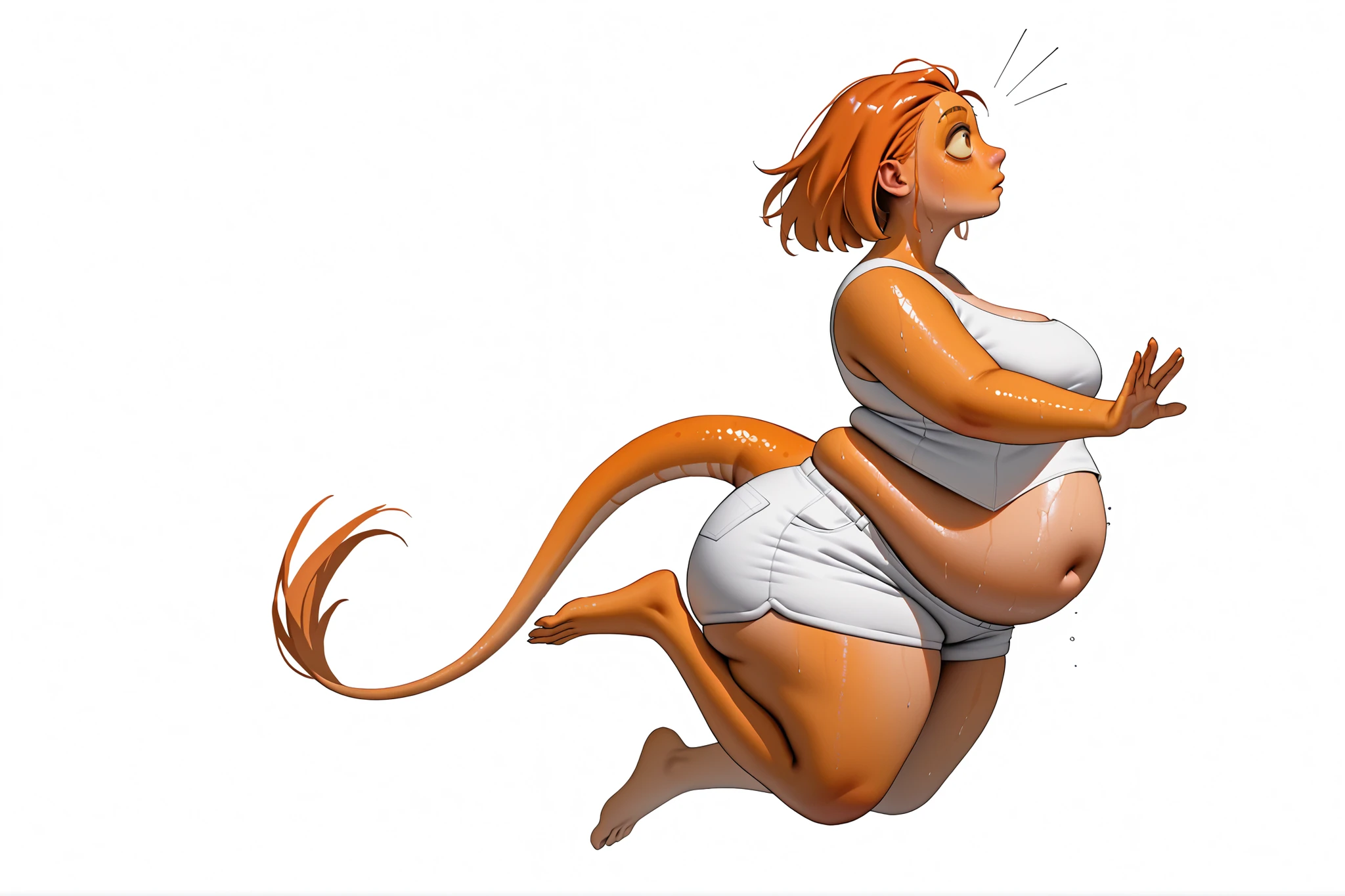 score_9, score_8_up, score_7_up, slightly chubby belly, orange female newt alien (orange alien), low maintenance short blond hair. Tall, slim thicc, long lims, lanky (she is falling in empty air, head first, arms stretched out, sweating) (side view) (side view of her falling head first) (full view of character) (wearing a white jump suit, no sleeves, white shorts ) ((she has a orange lizard tail)) ((modest breasts)) ((thicc thighs)) ((white background)) ((full body, show all of her legs))