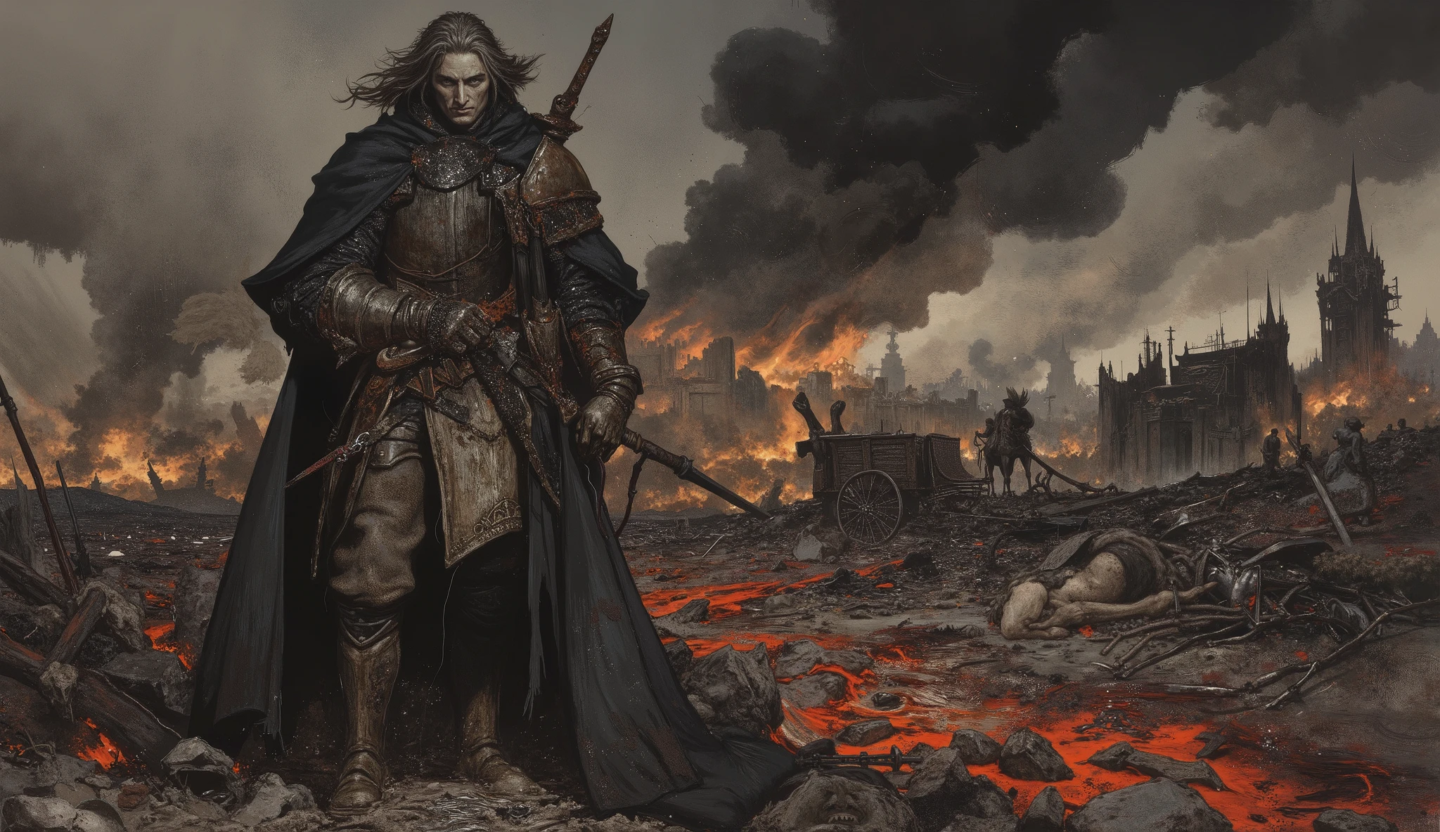 Dark and broody, a wounded knight stands upon a battlefied, holding a sword, hair blowing in breeze, dead bodies scattered around, buildings on fire in the background, destroyed horse cart