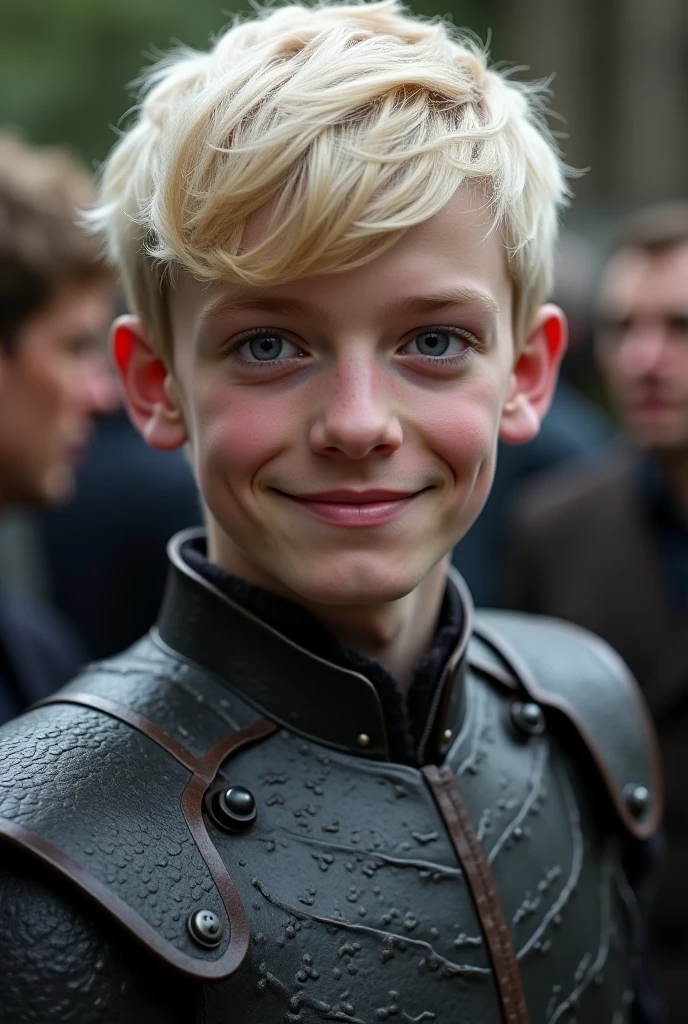 little boy, medieval ages, medieval noble clothing, vampire, sharp teeth, cute, blonde hair, blue eyes, alone, in the shadows, hiding, smiling.