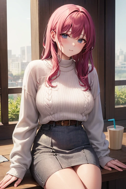 4k, ,Lens flare, pink hair ,mascara, eyeliner, god rays, 4k, 8k, best quality, masterpiece, hyper detailed, intricate detail, 1girl, solo, detailed, Detailed fuchsia hair ++, detailed pink eyes ++, raytracing, perfect shadow, highres, enhanced eyes, huge breasts, horns, seductive, hyper detailed, Whispers of Desire: In a quiet corner of a chic café, an anime girl leans in close to her date, sharing secrets and stories that spark desire. Her voice carries a tantalizing edge that leaves her date captivated.Embracing the cozy atmosphere of the café, the anime girl wears a chunky knit sweater over a knee-length skirt and patterned tights. She pairs the outfit with knee-high boots and a warm scarf. Loose Waves with Beret:
The anime girl's hair cascades in loose waves, adding a touch of effortless charm. She wears a beret slightly tilted to one side, framing her face and giving her a cozy yet stylish appearance. plants and tables in the background with other customers, horns ++, on a date, she has demon horns