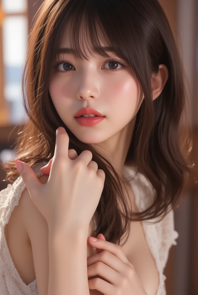 masterpiece, highest quality, 8k, 20th generation, Big Breasts, cute, alone, sad, cute, Girlish, Delicate girl, Pure beauty, RAW Photos, Professional photography, Portraiture, Soft Light, Professional Lighting, Backlight, Upper Body, avert your eyes, Sophisticated, Film Grain, (Eye and facial details:1.0), floating short hair, beautiful, Flowing Hair, Asymmetrical bangs、(Big Breasts:1.2)、Loose sleeveless、I can see your armpits、You can see a little bit of her chest.、dolly make、Heterochromia iridis