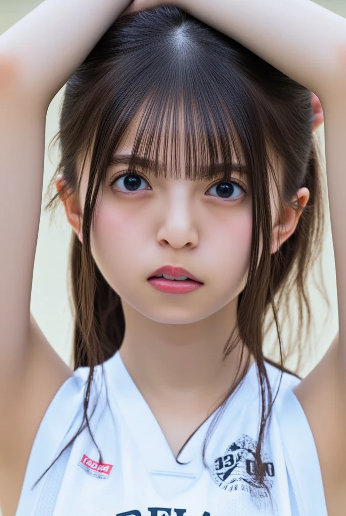 (Close up face shot of slender small-breasted half up brown long hair with bangs girl wearing a white T-shirt only:1.5)、(One girl is turn around and lonely little smile with tears on the coast in Japan:1.5)、(Beautiful after sunset red sky with red big cloud:1.5)、(blurred background:1.5)、(Natural light:1.5)、(8k ultra detailed master piece:1.5)、(perfect anatomy:1.5)、(Photorealistic stick:1.5)、(Raw photo:1.3)、(highest quality:1.5)、(High resolution:1.3)、(Delicate and beautiful perfect face:1.3)、(Delicate and beautiful eye air skin:1.3)、(Real Human Skin:1.3)、((thin legs))