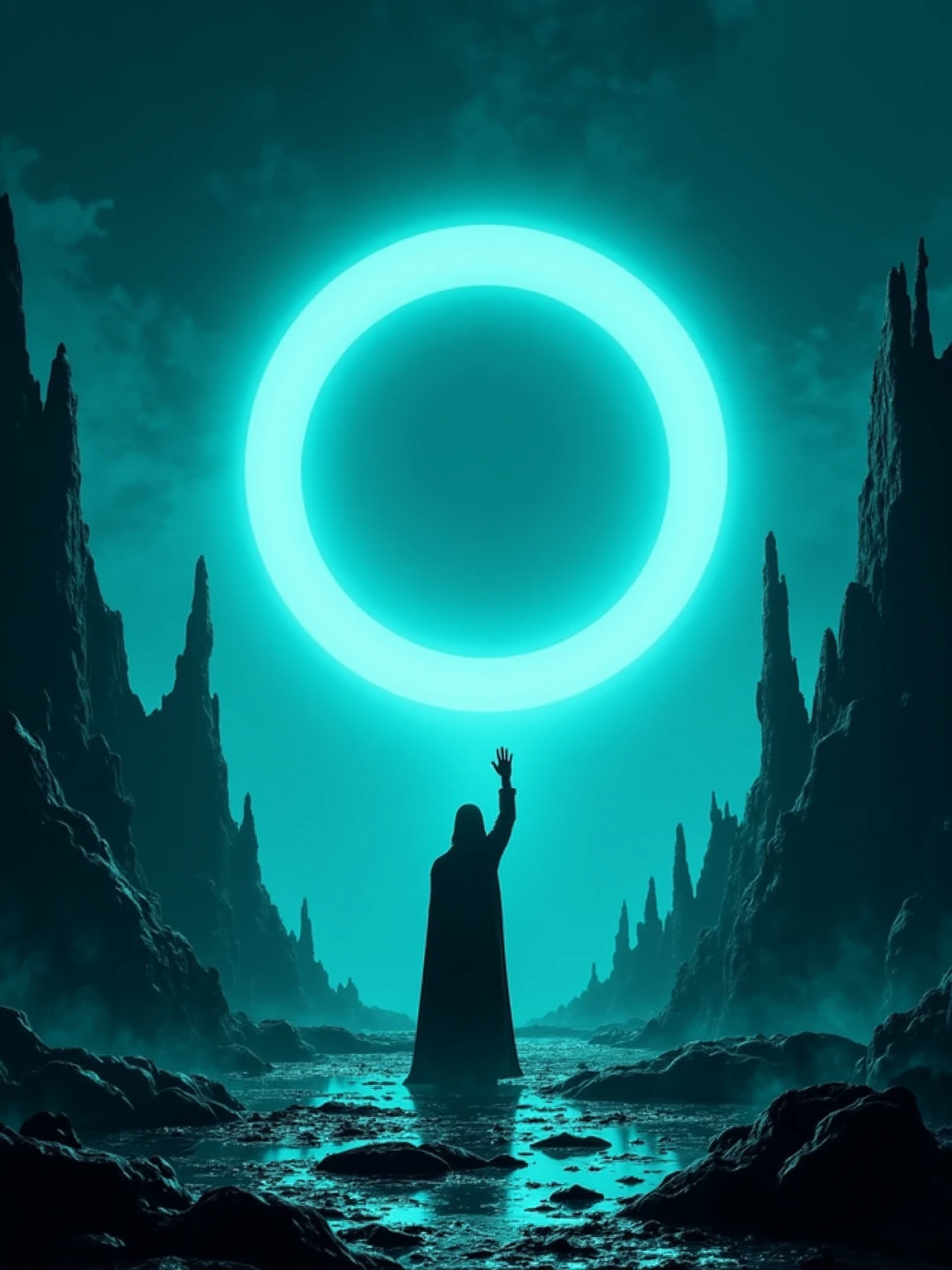 A dramatic, futuristic fantasy scene set in a surreal, otherworldly landscape beneath a dark teal sky. At the center of the composition stands a lone figure, cloaked and backlit, raising one arm toward a massive glowing ring of pure white energy suspended in midair. The figure’s silhouette is powerful and commanding, with a long cape billowing behind them and a wide stance that suggests confidence and control. The luminous ring, perfectly circular and radiating an ethereal aura, casts a brilliant light that reflects off the jagged rocks and terrain surrounding the scene, creating a high-contrast, almost cinematic effect.

Around the ring, shards of stone and debris float weightlessly, pulled toward or repelled by the force of the ring's energy. These fragmented pieces of terrain defy gravity, enhancing the supernatural atmosphere. Jagged, obsidian-like rock formations rise on either side of the figure, framing them like the remnants of a shattered world. Their surfaces are rough and angular, catching the ring’s glow in sharp highlights that emphasize the dramatic lighting.

The ground is dark and reflective, with a glassy or metallic surface that mirrors the ring’s glow and the figure’s silhouette, adding depth and symmetry to the composition. Overhead, thick, ominous clouds hang motionless in the sky, tinted with dark cyan and black tones, absorbing light rather than reflecting it. The contrast between light and shadow gives the scene a sense of cosmic balance, as though a great power is being summoned, released, or confronted.

The color palette is dominated by deep turquoise, cyan, black, and white, with subtle gradients adding atmosphere and visual richness. The overall environment feels isolated, untouched by civilization, and charged with raw, ancient energy—like a sacred ritual site or interdimensional gateway. The visual style is sleek and hyper-stylized, with minimal detail and maximum impact, conveying intensity, mystery, and epic scale in a single, arrest