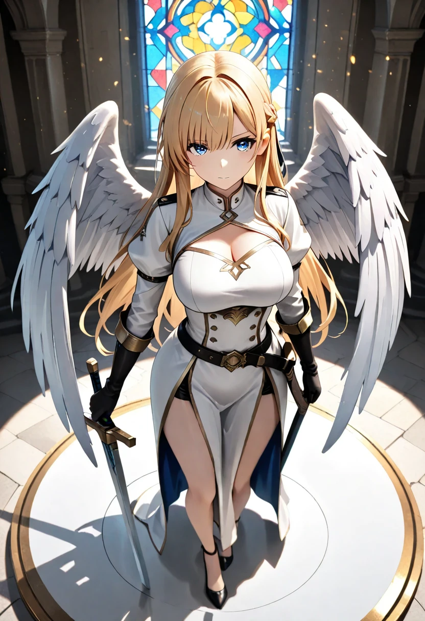 angel_wings, halo, rating:safe, wings, 1girl, sword, weapon, angel, long_hair, breasts, feathered_wings, armor, gauntlets, solo, white_wings, blonde_hair, looking_at_viewer, large_breasts, choker, blue_eyes, cleavage, holding_weapon, holding, armored_dress, smile, holding_sword, shoulder_armor, cape, very_long_hair, closed_mouth, sidelocks, blush, braid, gradient_background, hair_between_eyes, bare_shoulders, knight, bangs, white_feathers, collarbone, faulds, gloves, sheath, gradient, helmet