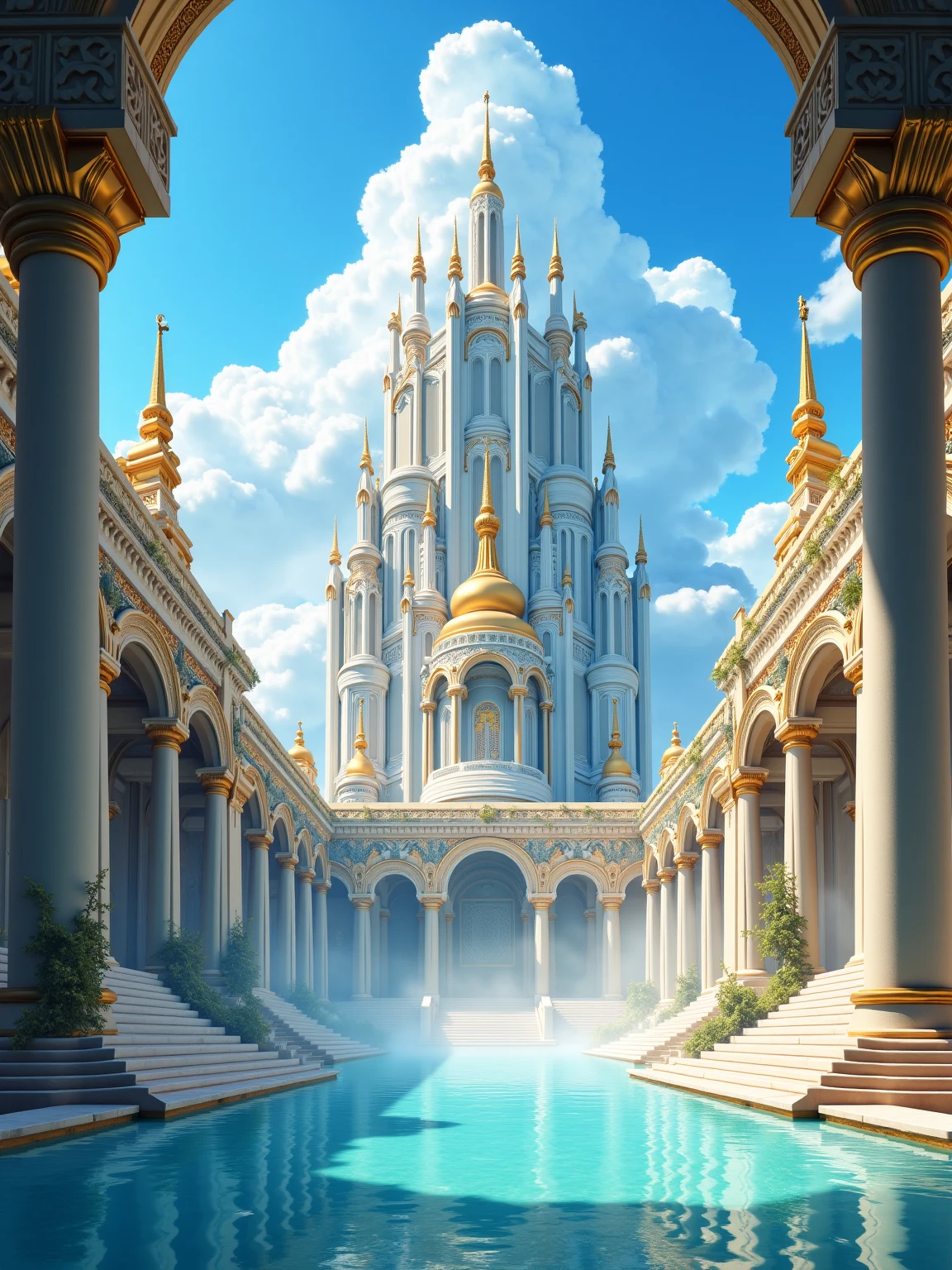A breathtaking sunlit fantasy palace rising majestically beneath a vibrant blue sky dotted with soft white clouds. The architecture is grand and elegant, composed of towering spires, golden domes, and marble-like walls adorned with intricate patterns and gleaming accents. The palace is an awe-inspiring fusion of classical and fantastical design, with vertical emphasis in its many tall windows, slender towers, and layered terraces that give it the appearance of ascending into the heavens. The structure glows softly with light, as though built from divine stone, kissed by the sun and purified by time.

In the foreground stretches a wide reflecting pool, its calm, crystal-clear water mirroring the brilliance of the palace above. The edges of the pool are framed by colonnades and walkways made from smooth stone and carved archways, casting long shadows across the ground and shimmering water. The sun’s rays beam down from the open sky, creating a sense of warmth and sacred clarity. Gentle mist rises from the water, adding a subtle dreamlike texture to the air and enhancing the ethereal atmosphere of the space.

The surrounding architecture features high walls, wide staircases, and open platforms, suggesting both ceremonial grandeur and serene public spaces. Vines and small trees grow gracefully along the sides of the structures, adding a touch of natural elegance to the pristine white and gold color palette. Every detail—columns, stained-glass windows, ornamental balustrades—contributes to the visual richness and divine majesty of the scene.

No people are present, allowing the viewer to take in the serene, almost sacred silence of the moment. The composition draws the eye forward and upward, from the tranquil surface of the water to the highest domes of the palace, invoking a sense of spiritual elevation and awe. The entire environment feels like a celestial city or an ancient utopia, preserved in time and harmony.

The art style is bright, painterly, and idealized, ble