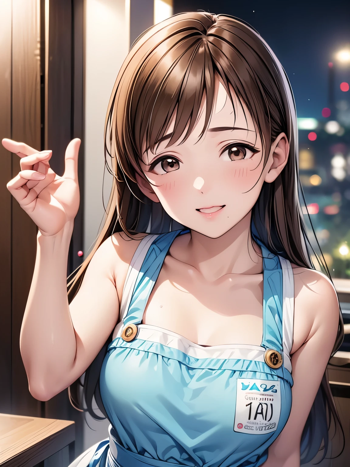 sleeveless,armpits,wet skin in the city at night,top quality、high resolution、HD、high resolution、 sports gym、(Nitta Minami、long hair、medium chest、brown hair、brown eyes in the oral vagina、glossy lips by max、growing skin wearing supreme、REALISTIC SKIN TEXTURE、 checked apron、kitchen)、is staring at me、 Love Me、、opens her mouth and laughs)、( Drawing only the upper body 、Very close)