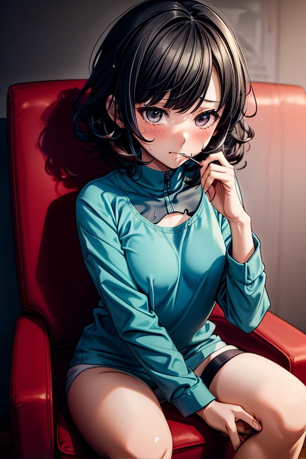 A woman with short black bob hair is sitting on a chair and looking up at the camera.、White shirt and lim body