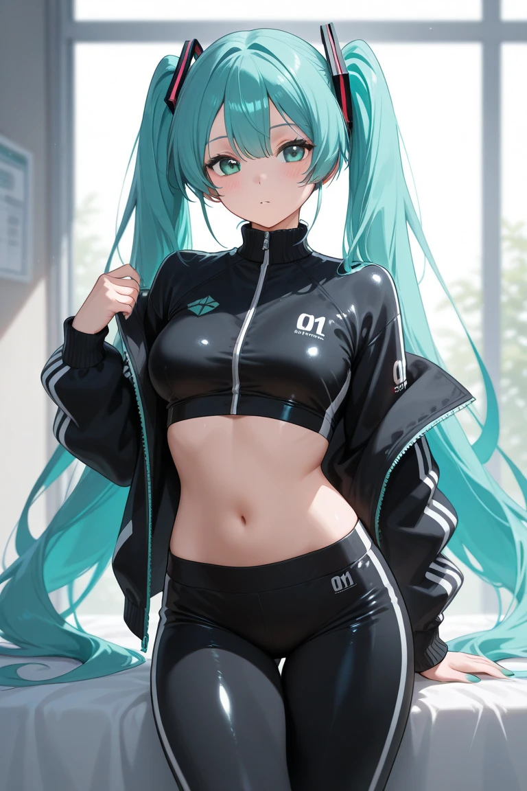 hatsune miku getting breasts grabbed, wearing tight galaxy print leggings with a cameltoe, medium breasts, wearing a galaxy print sports bra, squeezing breasts, soft breasts, hands on breasts