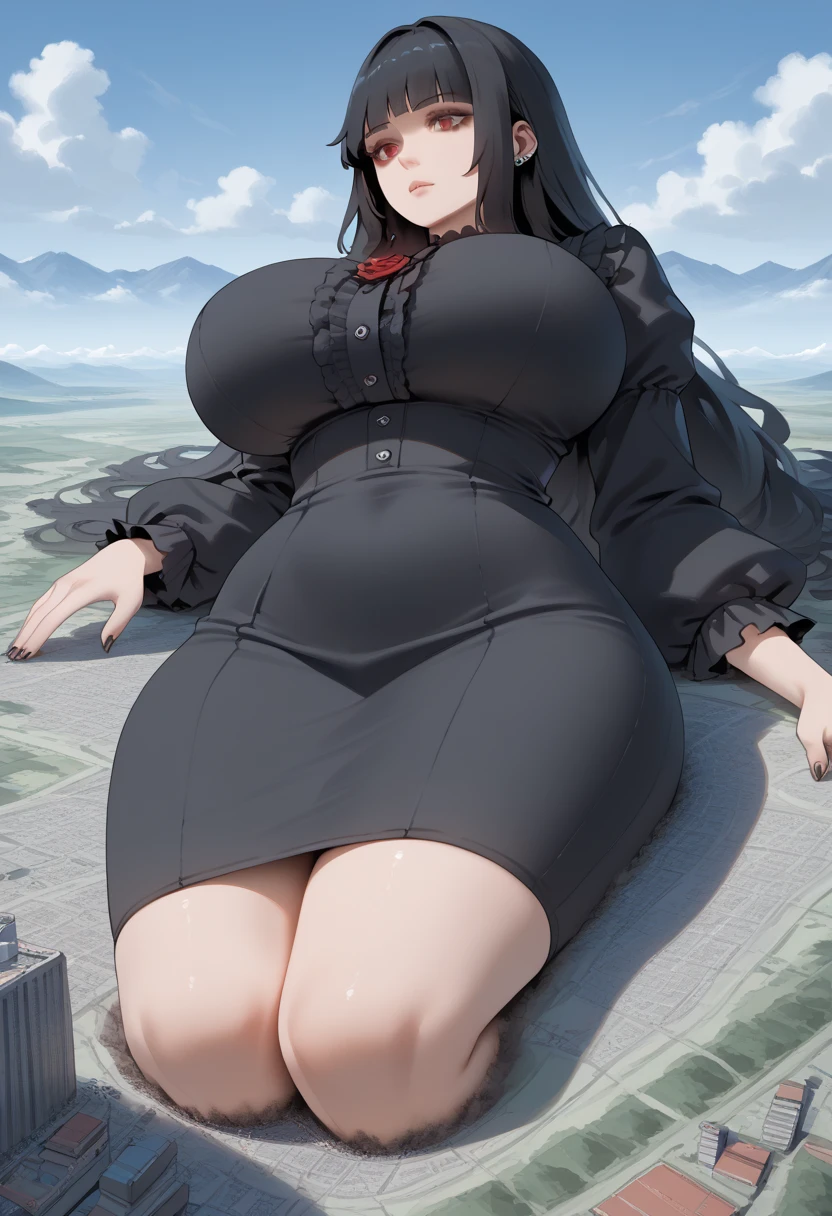 a lewd cartoon with huge breasts floating over the planet, 1girl, breasts, solo, giantess, giant, solo, blue eyes, long hair, black hair, giantess, open mouth, giant, full body, breasts, skirt, long sleeves, bra