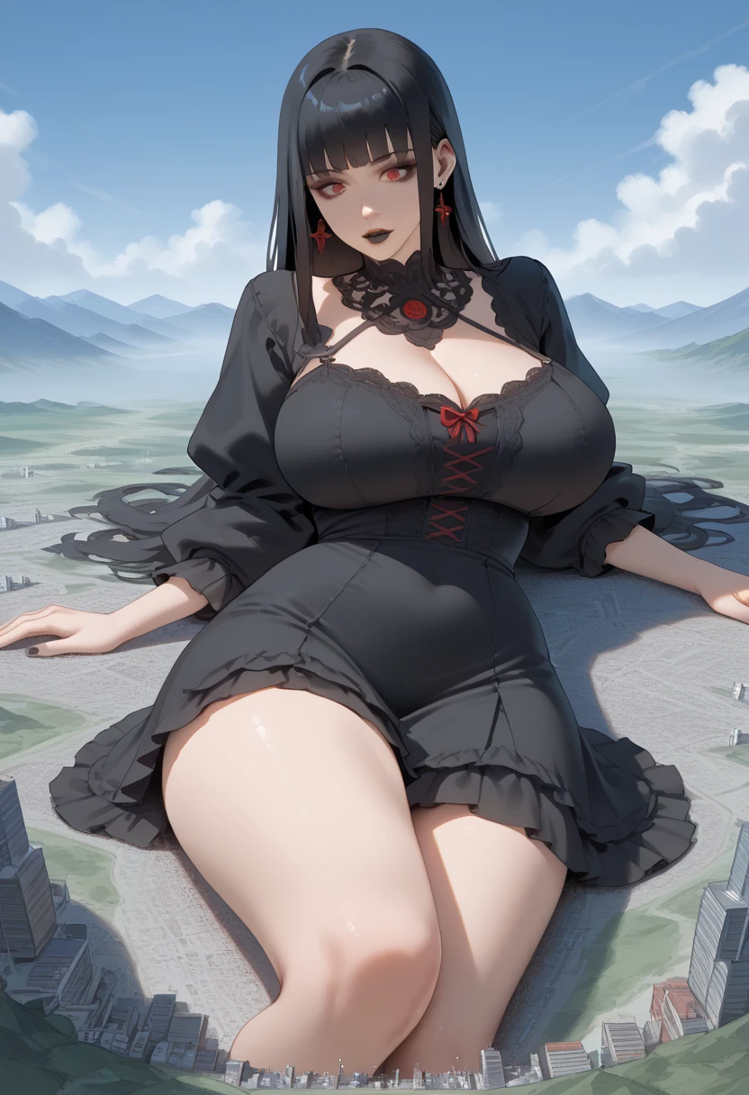 ull body picture, Sultry witch, long raven hair, straight bangs, voluptuous body, dark red lipstick, curvaceous hips and thighs, wide womanly hips, narrow waist, enormous chest, slender shoulders, elegant black maxi dress with side slits up to hips, high heeled leather thigh high belted boots, stiletto heels on thigh-high belted boots, thigh-high belted leather boots, large witch hat, dark red lipstick, black eyeshadow, seductive smile, statement earrings,