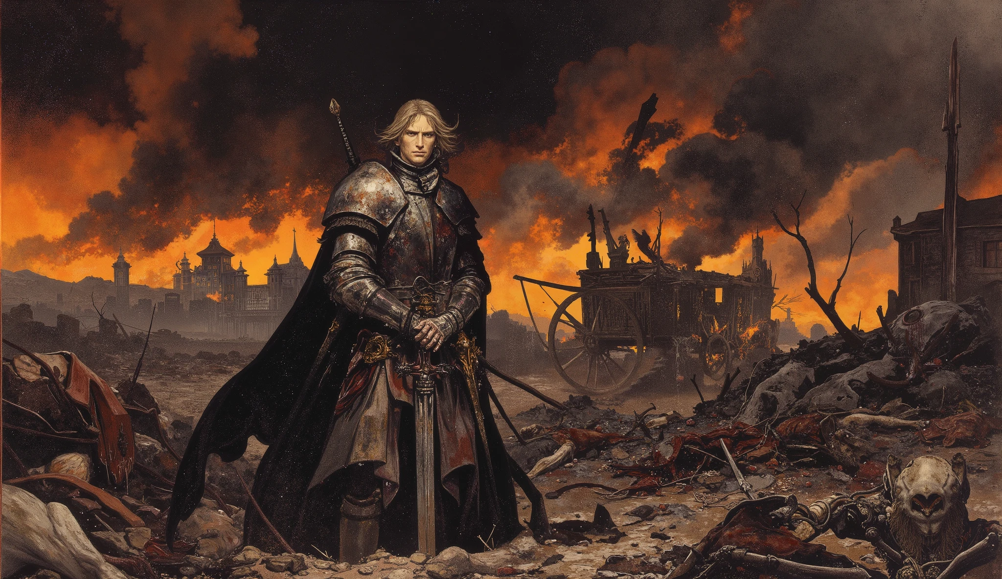 Dark and broody, a wounded knight stands upon a battlefied, holding a sword, hair blowing in breeze, dead bodies scattered around, buildings on fire in the background, destroyed horse cart