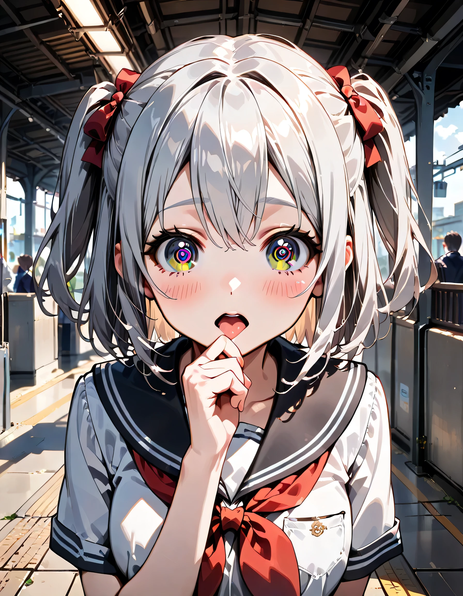 ((ultra-detailed)), (highly detailed CG illustration), (best quality:1.2), ultra-highly detailed, colorful composition, artistic photoshoot, 1girl, solo focus, ((upper body:1.4)), moe anime character, =girl, dainty facial structure, (baby face), (round face), ((rounded chin:1.2)), blue eyes, ((swirl eyes:1.4)), ((silver hair color)), ((two side up hair)), ample breasts, school uniform, sailor suit, traditional Japanese style with navy blue and white colors, ((sexual excitement:1.3)), ((slaver:1.3)), ((surprised:1.3)), ((blush:1.3)), ((looking viewer)), ((Sweat:1.4)), ((holding finger in mouth:1.3)), ((Standing on the station platform)), from front, best quality, masterpiece, expecting, pink cheek, blush, light pink gloss slip, portrait, depth of field, soft lighting, sidel0ighting, (shine), lighting, caustics, ray tracing, smile, perfect face, lustrous skin, highly detailed face, highly detailed eyes, perfect face, perfect nose, perfect hair, perfect eyes, perfect anatomy, beautiful hair, beautiful small face, extremely detailed face, beautiful detailed eyes, beautiful clavicle, beautiful body, beautiful ample breasts, leavage, breasts squeezed together, equalize the size of the left and right breasts, beautiful thin thighs, beautiful legs, beautiful fingers, 4 fingers, 1 thumb, lovely, (very detailed background:1.0), (highly detailed background:1.0), spring aesthetic, intricate details, joyful atmosphere, spring colors palette, chromatic aberration