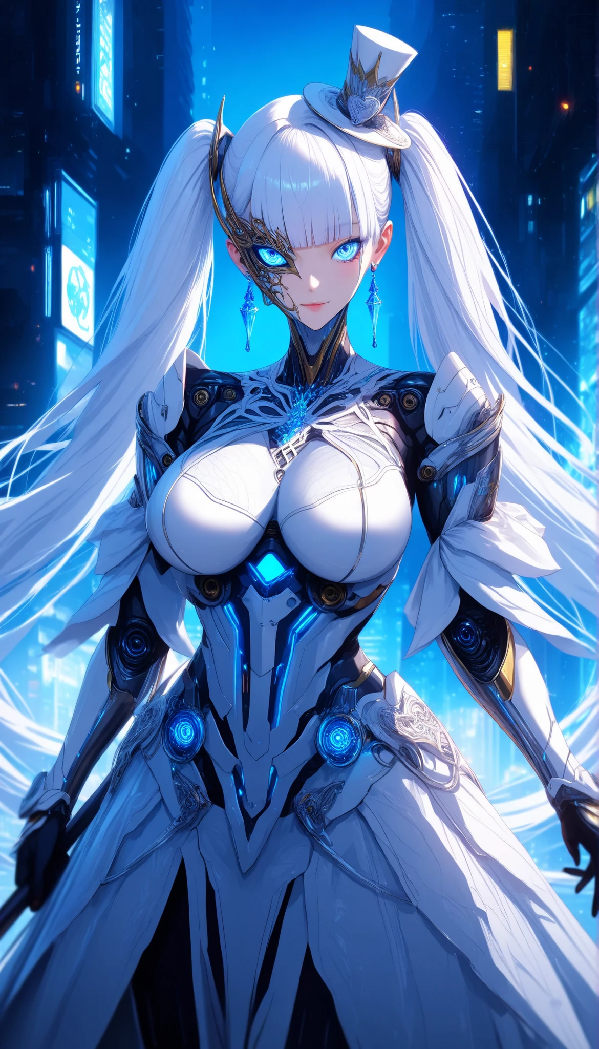 A female with perfect robot body,SOLO,Cyberpunk city background,oppai,Wearing White biological armor,(White Princess dress long hem), (white hair, twintails, blunt bangs),White Mini top hat, Crazy blue eyes, Crystal earrings,((White half-face openwork mask)), social media composition,(Holding A white Short Cane),UHD, anatomically correct, masterpiece, textured skin, high details, highres, 1080P, 16k, accurate, Beautiful face, Perfect face, Highly detailed beautiful face and eyes, Attractive face, Detailed face, Delicate facial features, Detailed skin,Cowboy shot,Look at the viewer,(((hbig bosom)))
