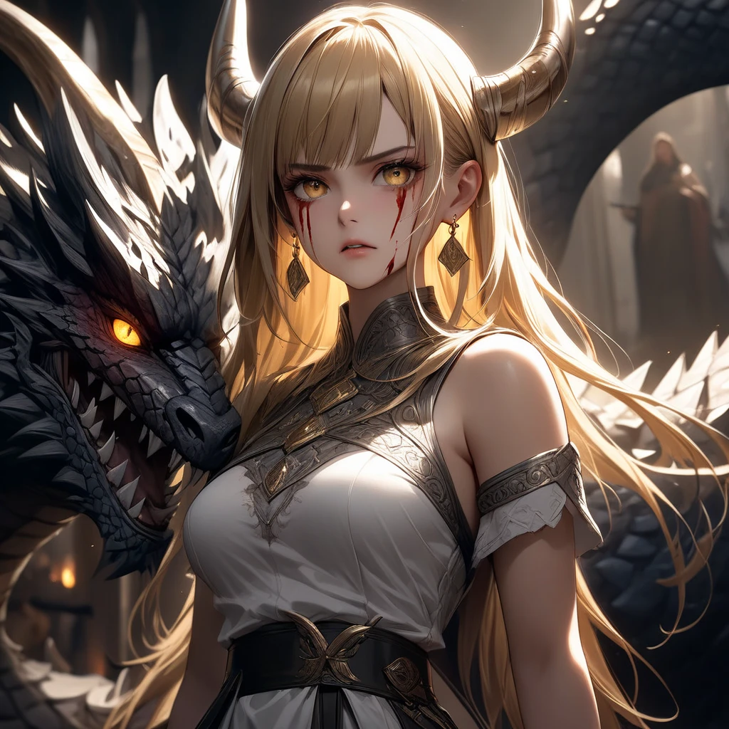 in 8K, top-quality, Real Image, intricate detailes,1girl in、Giant Demon、blonde  hair、doress、horor\(theme\)　​masterpiece、top-quality、ighly detailed --auto