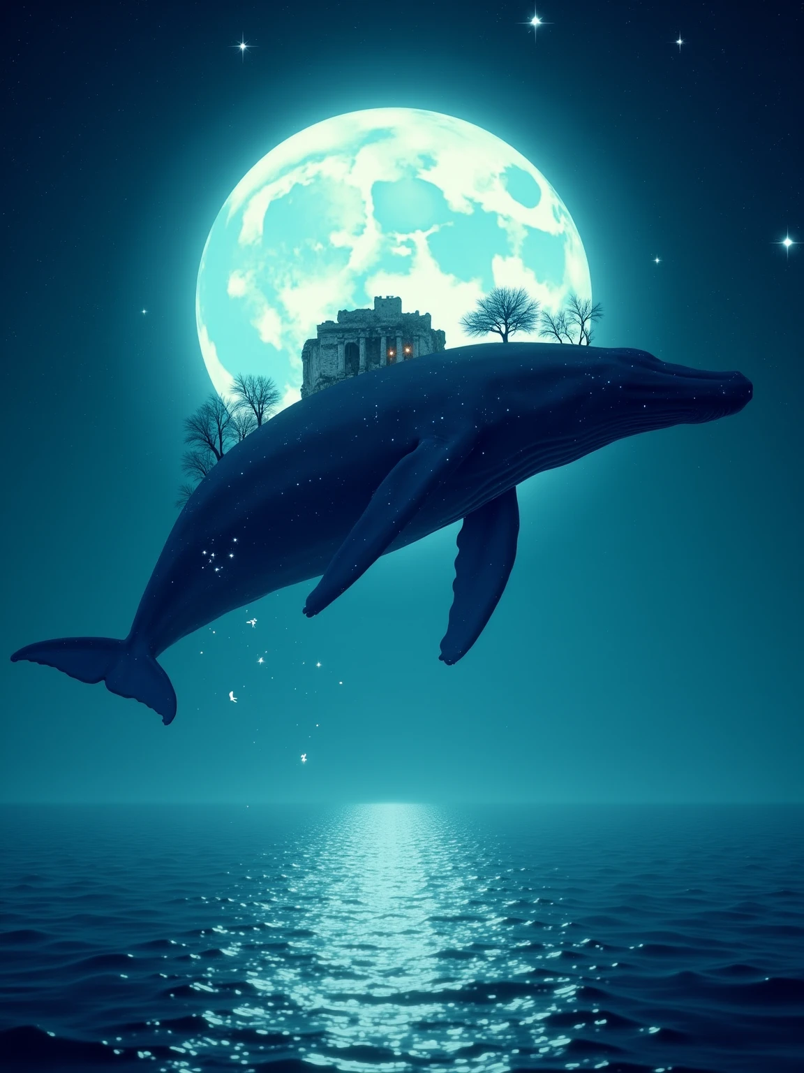 A surreal and dreamlike night scene set beneath an enormous glowing full moon that dominates the star-speckled sky. Rising majestically from the calm, luminous ocean is a colossal whale, captured mid-leap, its body arched gracefully above the shimmering water's surface. The whale is massive and otherworldly, with a deep indigo body flecked with tiny glowing specks that resemble stardust or constellations, giving it the appearance of a celestial being rather than an earthly creature. Its movement sends radiant splashes across the sea, which reflects the moonlight in soft, iridescent ripples.

On the whale’s broad back rests an entire miniature island, complete with tiny trees, rocky cliffs, and faint lights that hint at possible life or ancient ruins. The island’s silhouette is clearly visible against the enormous moon, creating a fantastical contrast that suggests the whale is not merely a creature of the ocean but a bearer of worlds, gliding between sky and sea like a mythological guardian. Ethereal white birds or magical wisps trail in its wake, accentuating the motion and scale of the scene.

The moonlight envelops everything in a cool, cerulean glow, casting soft shadows and enhancing the surreal quality of the environment. The sky is a gradient of deep navy and turquoise, scattered with tiny stars that twinkle faintly, adding to the cosmic ambiance. Gentle sparkles and magical particles drift through the air around the whale, emphasizing the sense of wonder and mysticism. The ocean stretches into the horizon, calm and endless, mirroring the moon's brilliance and anchoring the dreamscape in quiet serenity.

The entire composition feels suspended in time, like a visual lullaby or a memory from a forgotten storybook. The atmosphere is both peaceful and awe-inspiring, filled with a sense of sacred calm and timeless magic. The perspective makes the whale appear impossibly large and weightless, blending seamlessly with the universe around it.

The art style is fantas