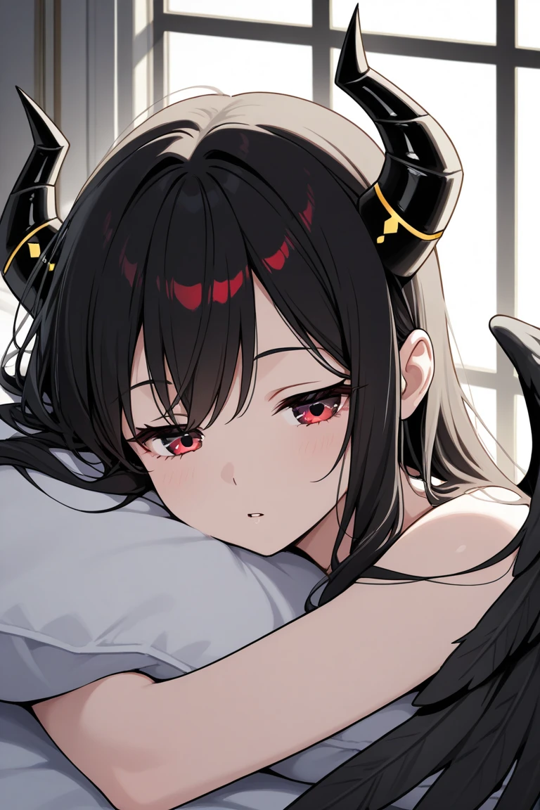 Cute girl, short hair, black hair, split legs, (On her knees she approaches you, close-up of her face, close-up of her breasts), red eyes, blushed face, at bed, (demon girl, demon horns, pointed ears), cropped black tshirt, bare shoulder, cute pantie, underwear, (view from front), (big breast), wide waist, ((pov blowjob)), sucking your dick, (Putting the penis inside her mouth)