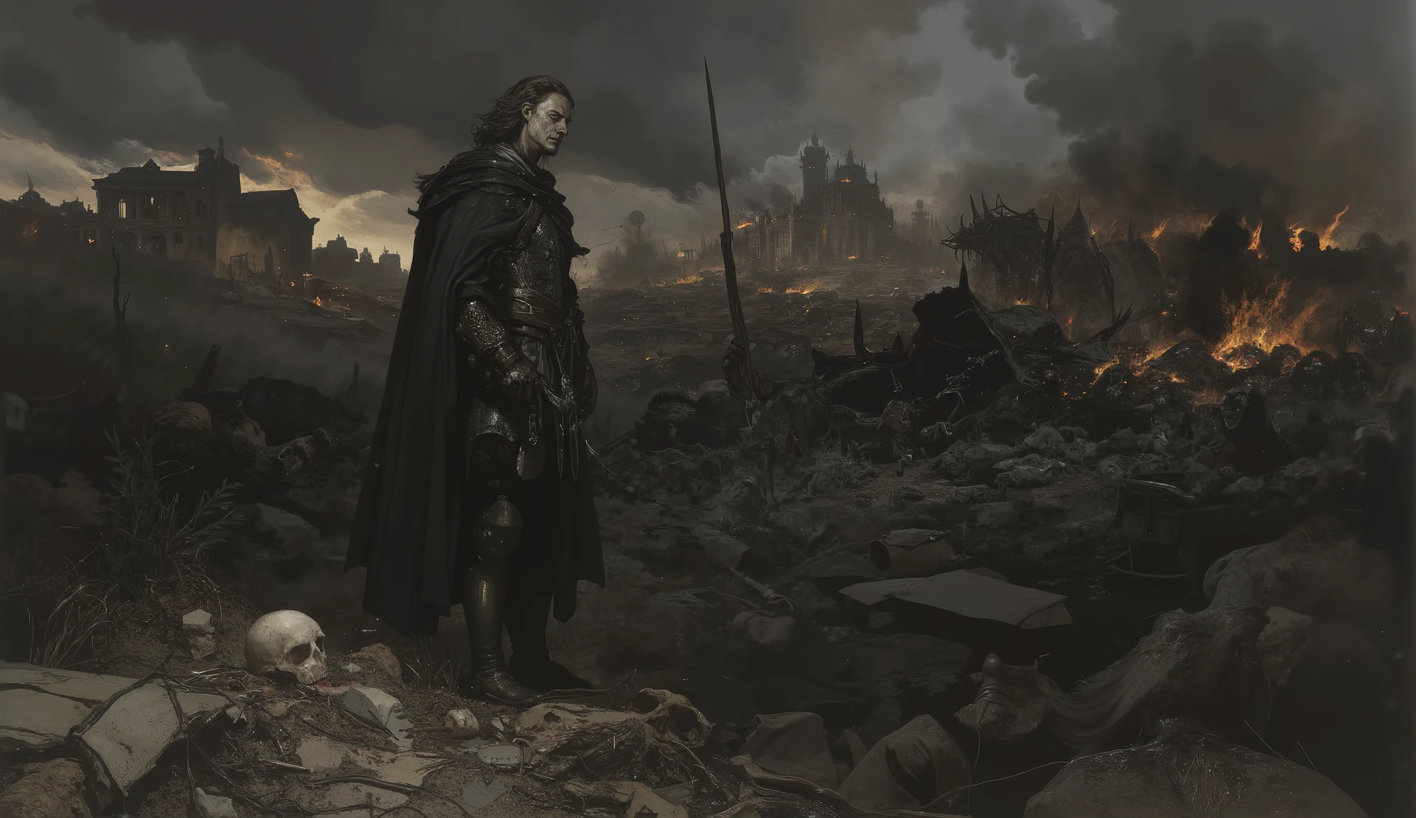 Dark and broody, a wounded knight stands off to the side of a battlefield, a severed head near him , holding a sword, hair blowing in breeze, dead bodies scattered around, buildings on fire in the background, destroyed horse cart